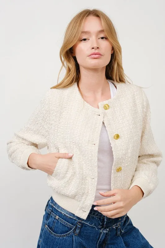 Dakota Long Sleeve Tweed Bomber Jacket Ivory