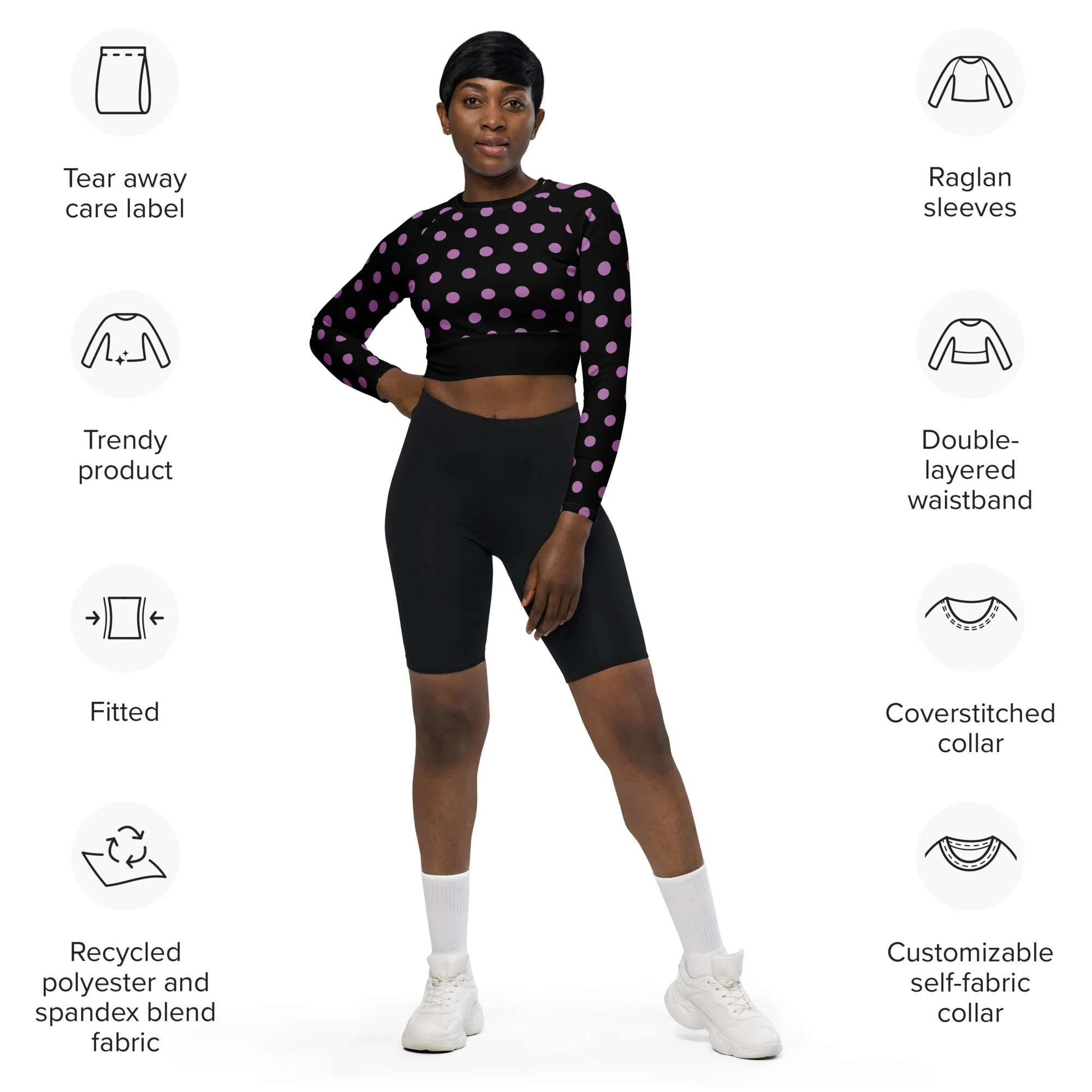 Dots Long Sleeve Black Crop Top