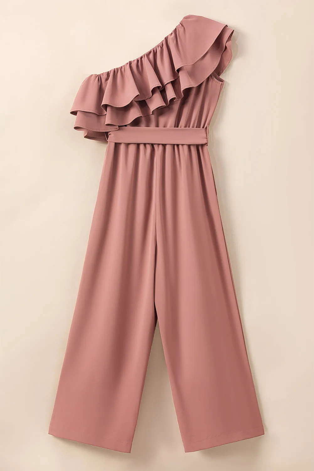 Dusty Pink One Shoulder Ruffle Trim Belted Jumpsuit