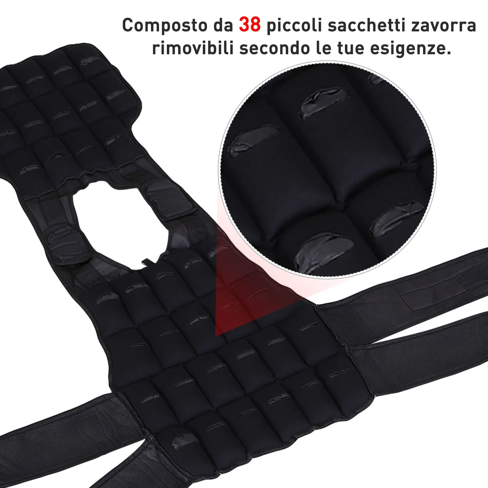 EasyComfort Giubbotto Zavorrato 20kg Unisex 38 Pesi Singoli, Imbottitura, Chiusure con Velcro, Nero