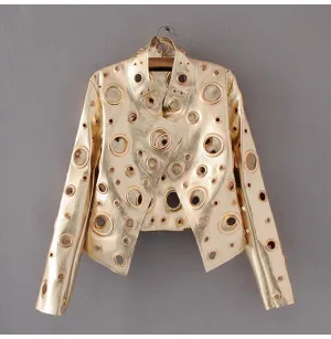 Edgy Metallic Gold Rocker Riveted Biker Jacket