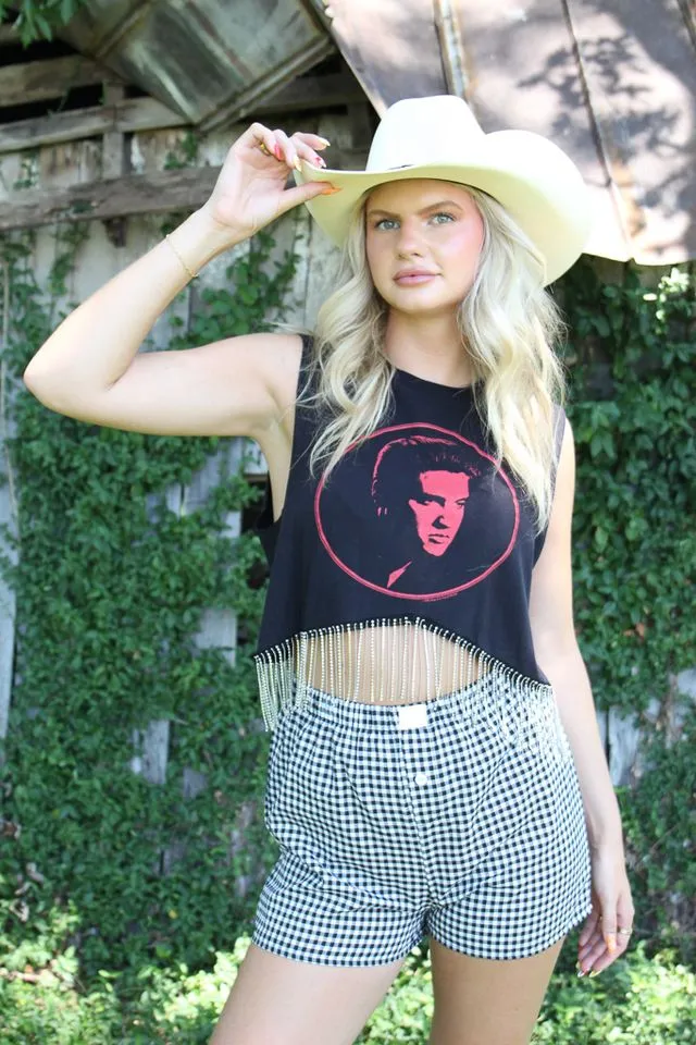 Elvis Cropped Rhinestone Fringe Tee