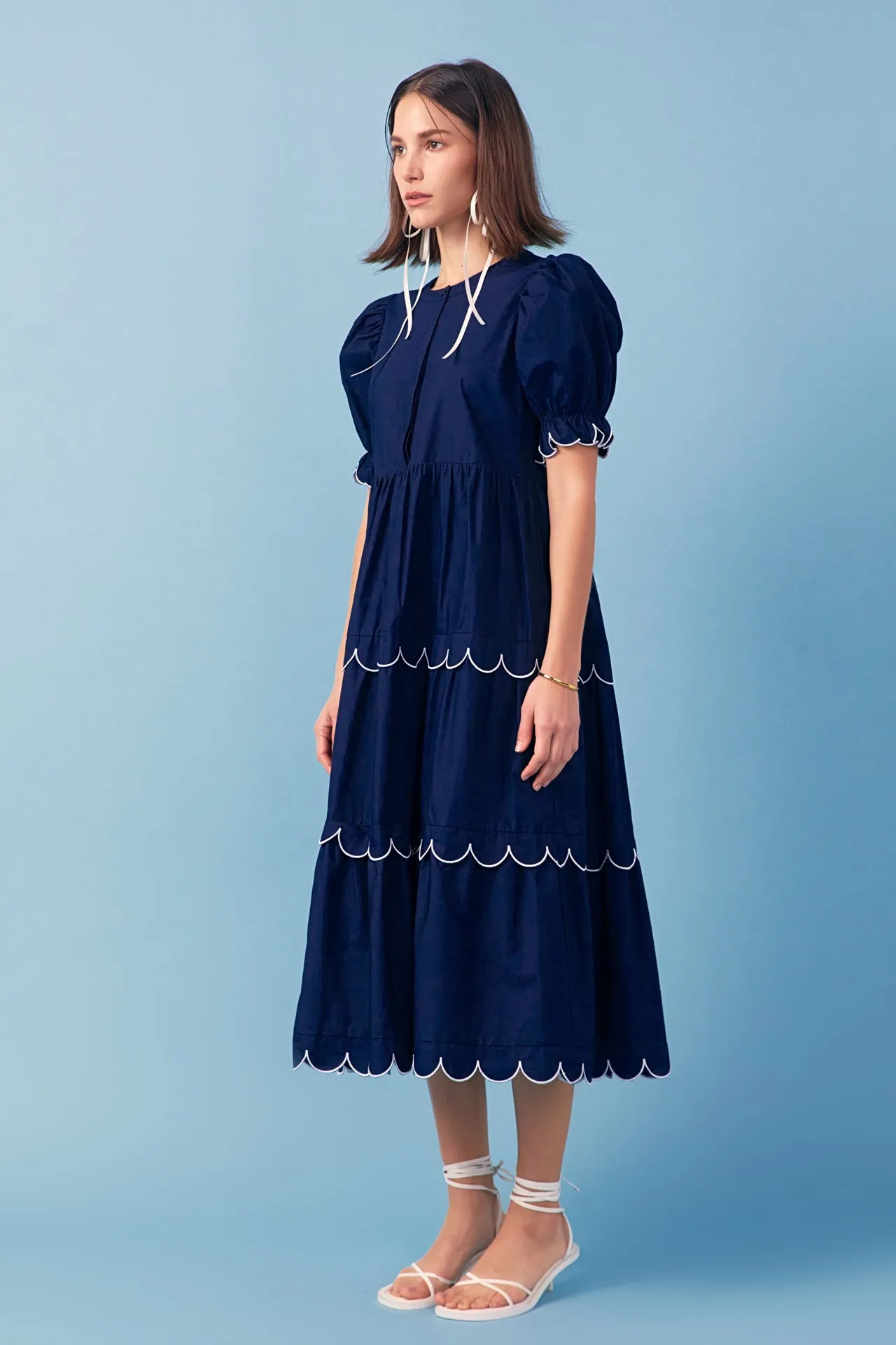 English Factory - Navy Scalloped Edge Midi Dress