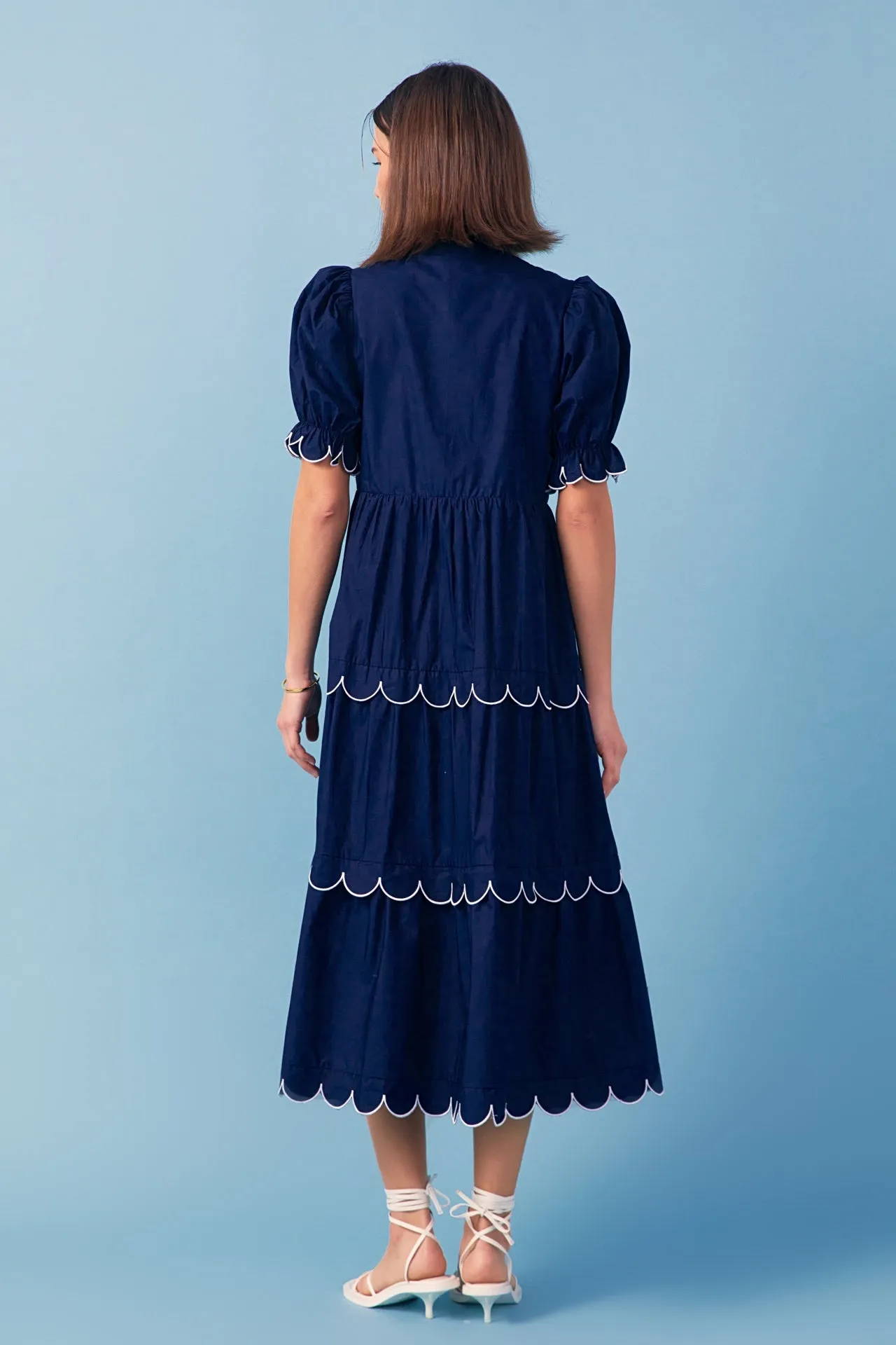 English Factory - Navy Scalloped Edge Midi Dress