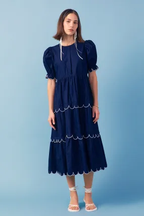 English Factory - Navy Scalloped Edge Midi Dress