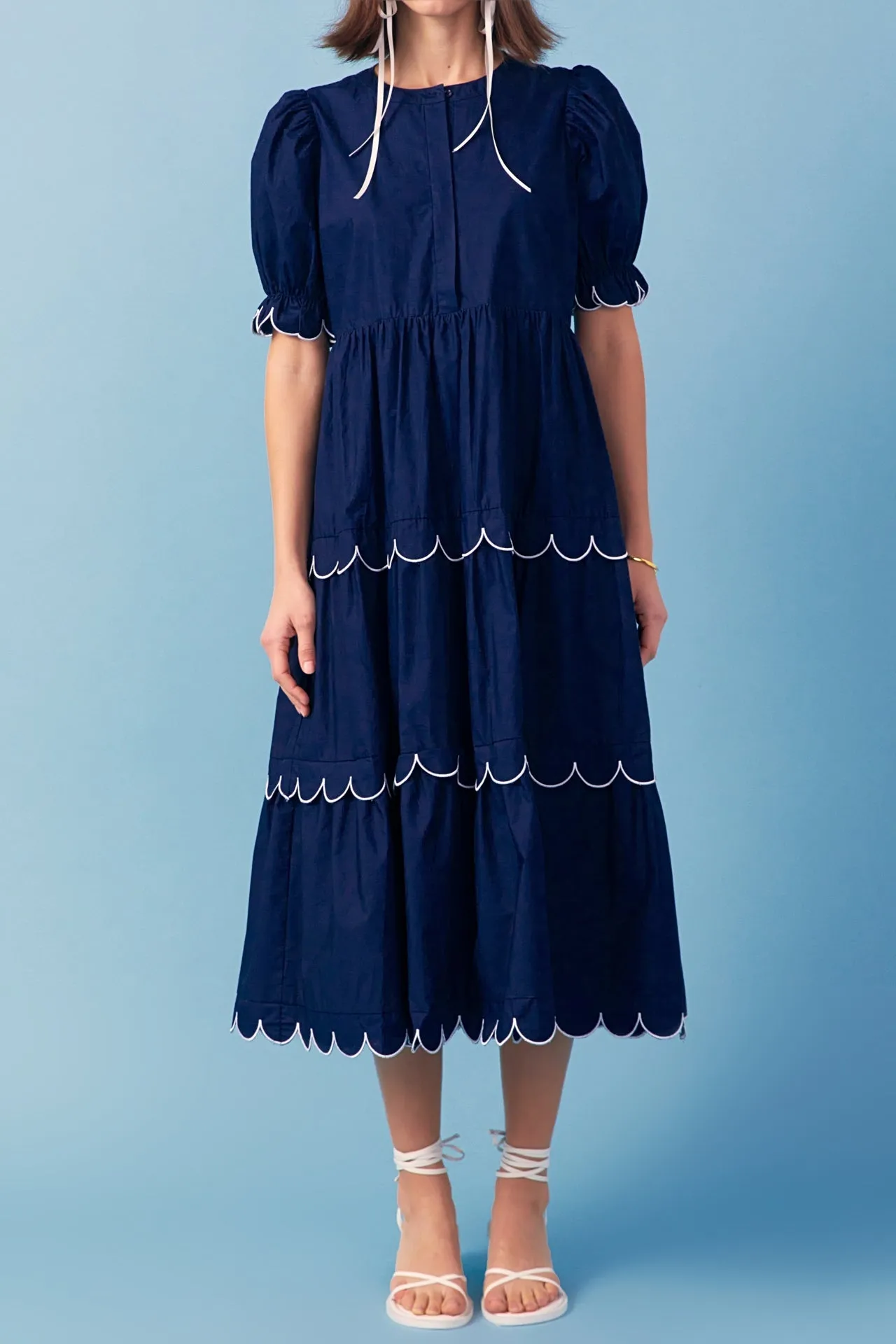 English Factory - Navy Scalloped Edge Midi Dress