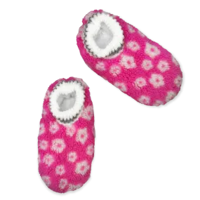 Flower Printed Pink Footable Fuzzy Babba Slipper Sock with Black Stripe Cuff