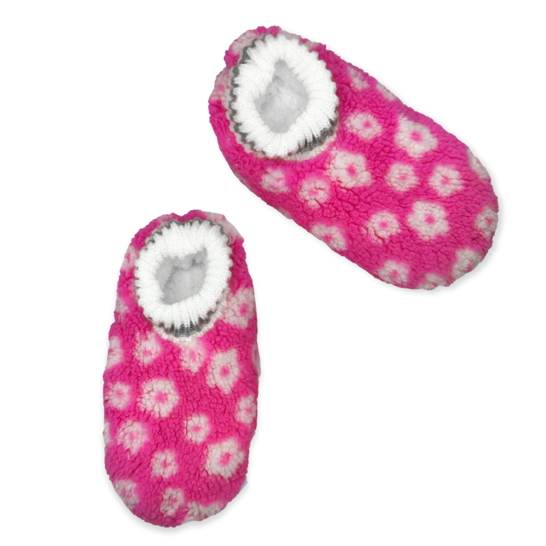 Flower Printed Pink Footable Fuzzy Babba Slipper Sock with Black Stripe Cuff