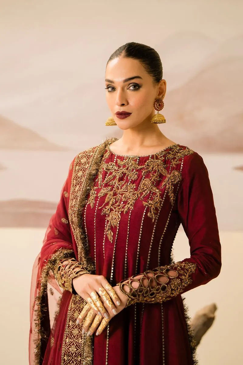 Fozia Khalid - Zohra - Maroon - Silk - 3 Piece