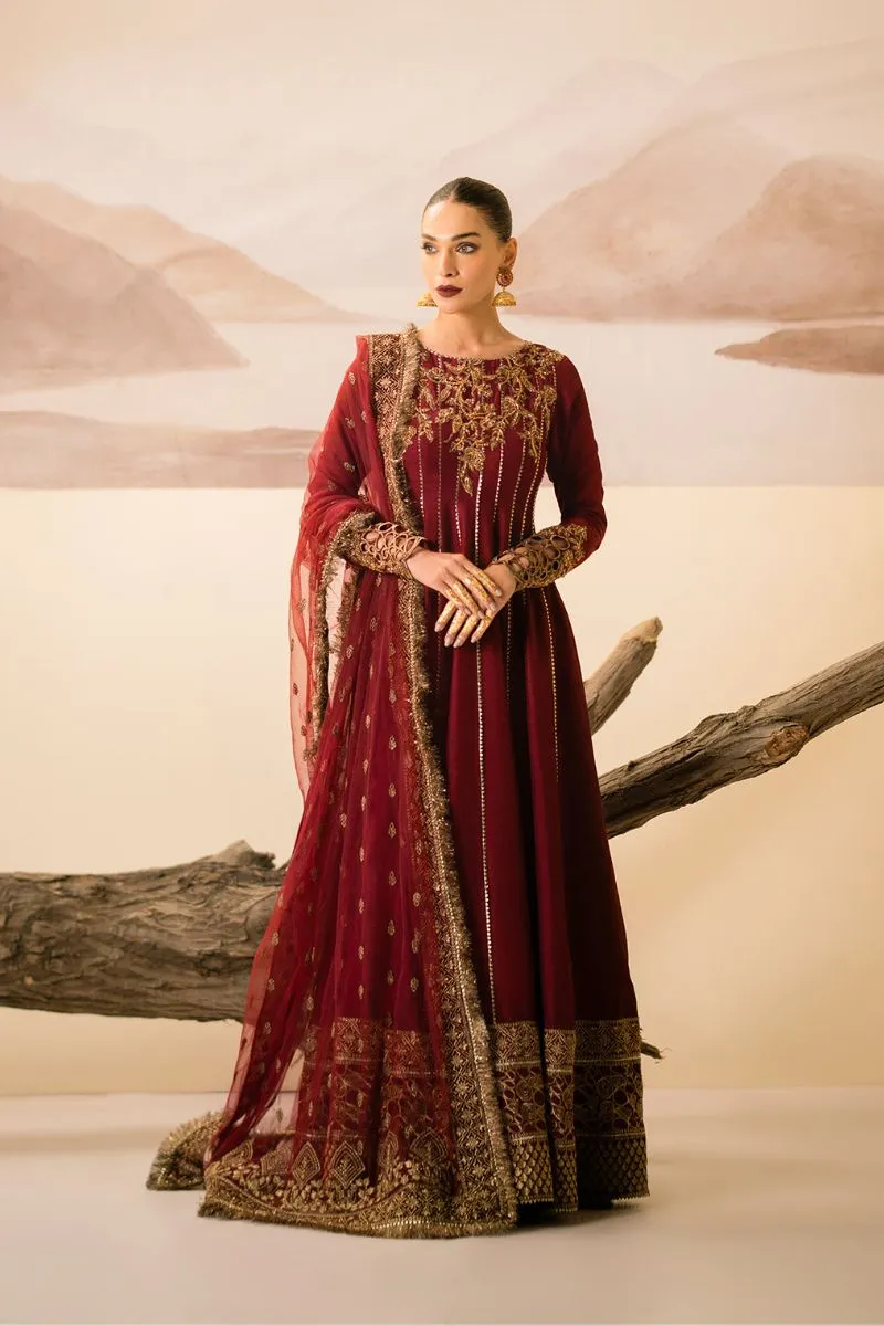 Fozia Khalid - Zohra - Maroon - Silk - 3 Piece