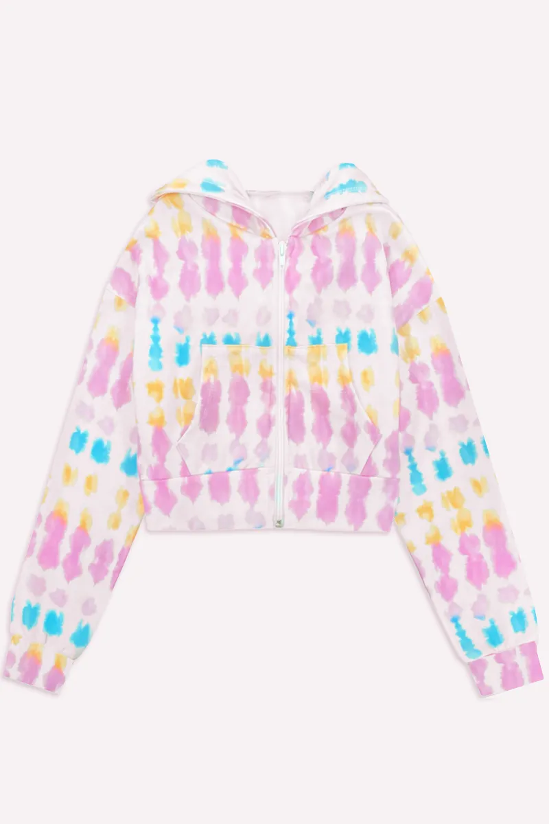 French Terry Drop Shoulder Cropped Zip Hoodie - Blush Aqua Sherbet Batik