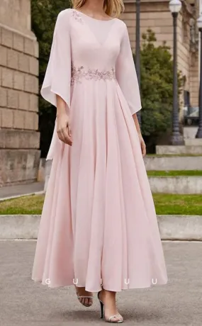 GM077 - A-Line Scoop Neck 34 Length Sleeves Ankle Length Beaded Chiffon Mother of the Bride Dress