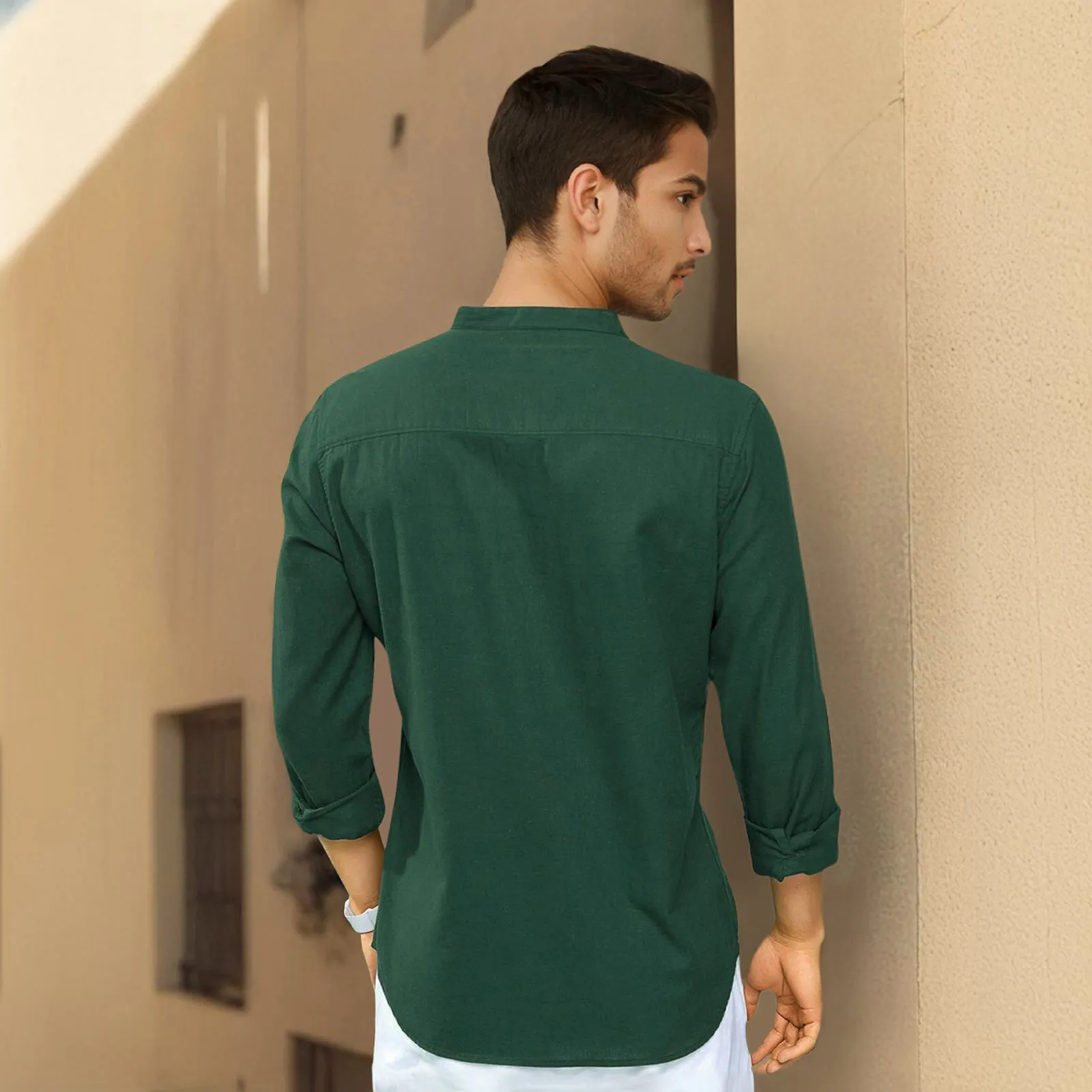 Green Mandarin Collar Solid Linen Cotton Shirt for Men