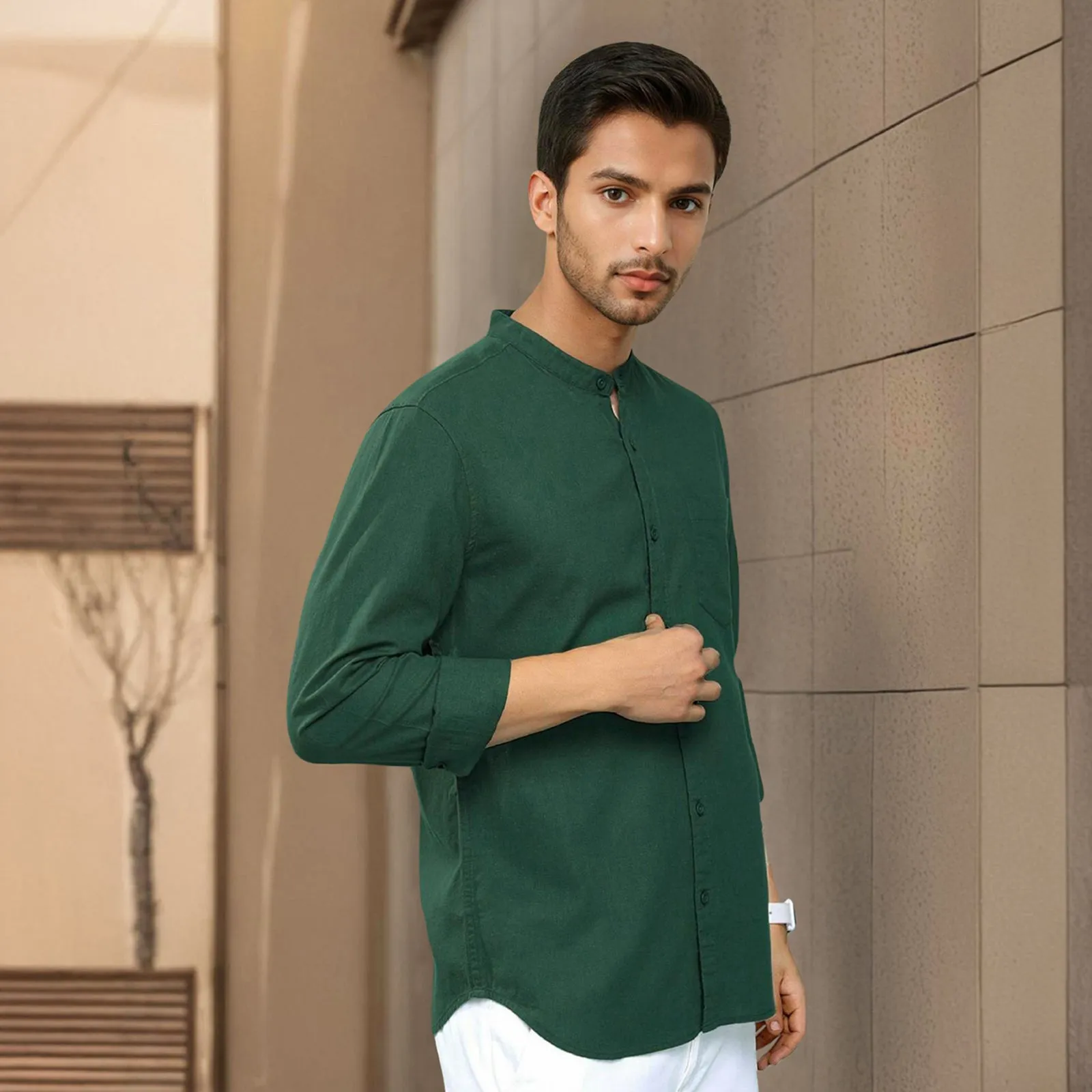 Green Mandarin Collar Solid Linen Cotton Shirt for Men