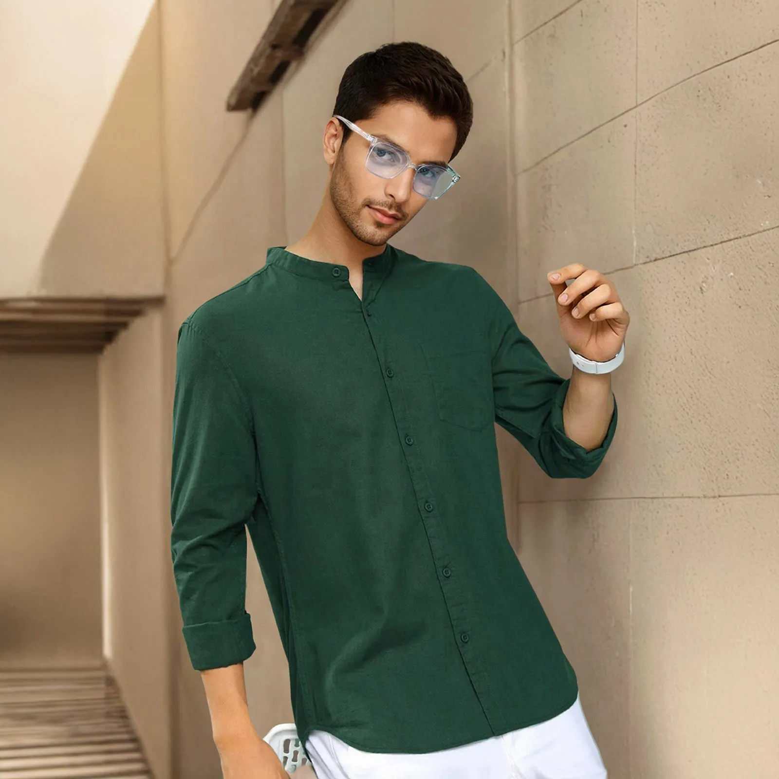 Green Mandarin Collar Solid Linen Cotton Shirt for Men