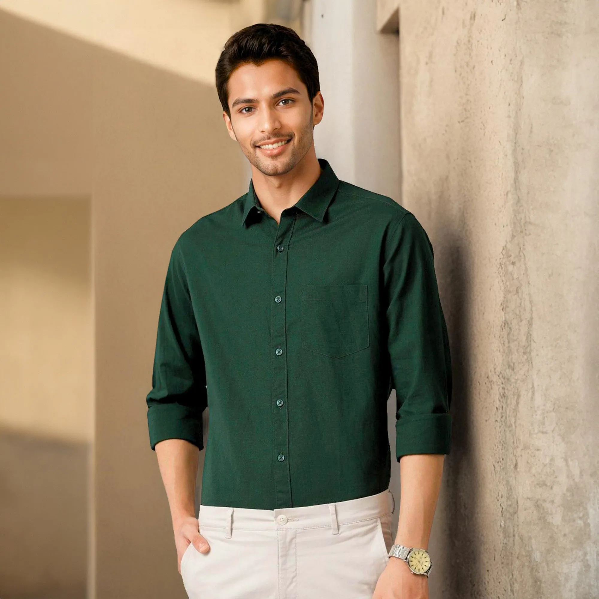 Green Solid Linen Cotton Shirt for Men