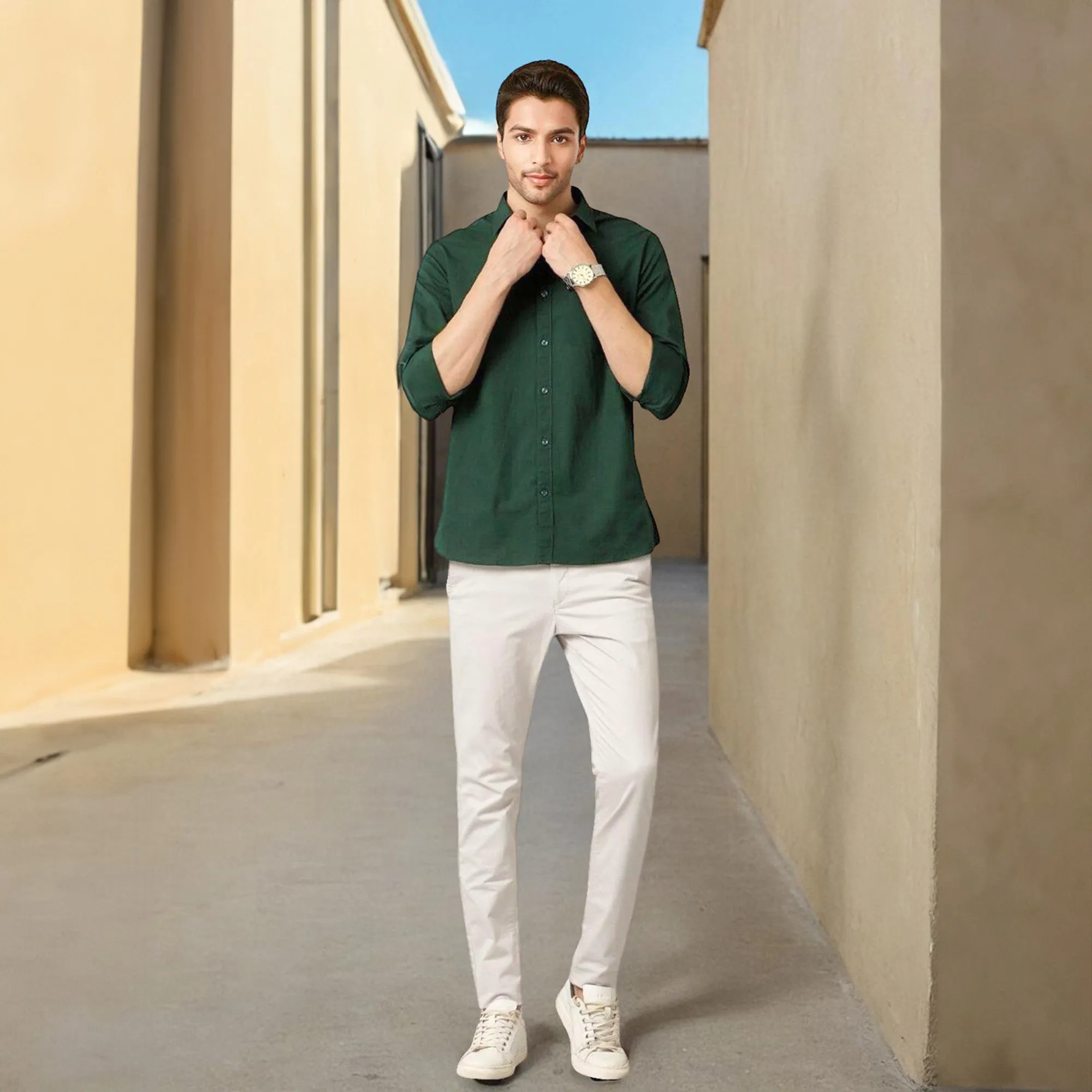 Green Solid Linen Cotton Shirt for Men