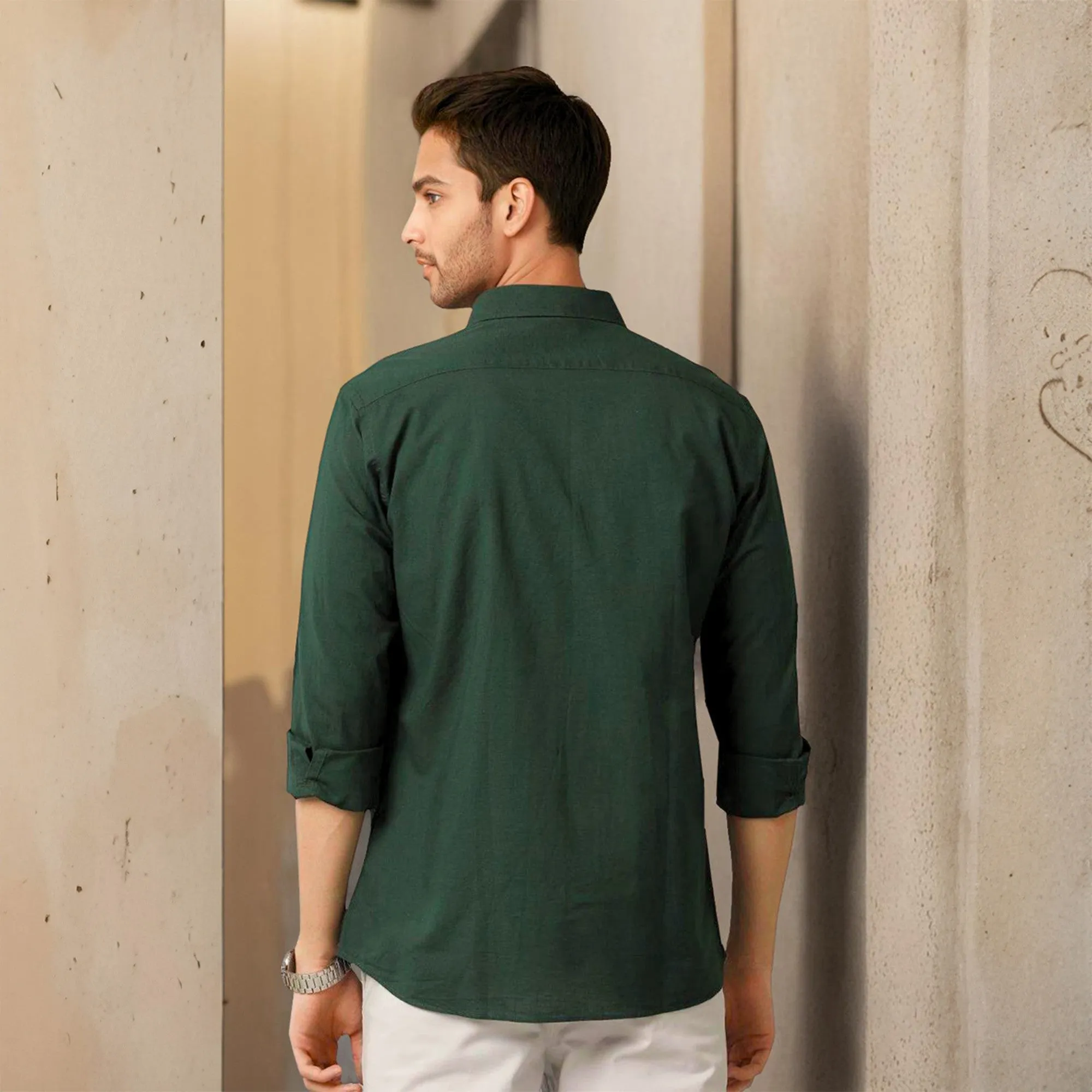 Green Solid Linen Cotton Shirt for Men