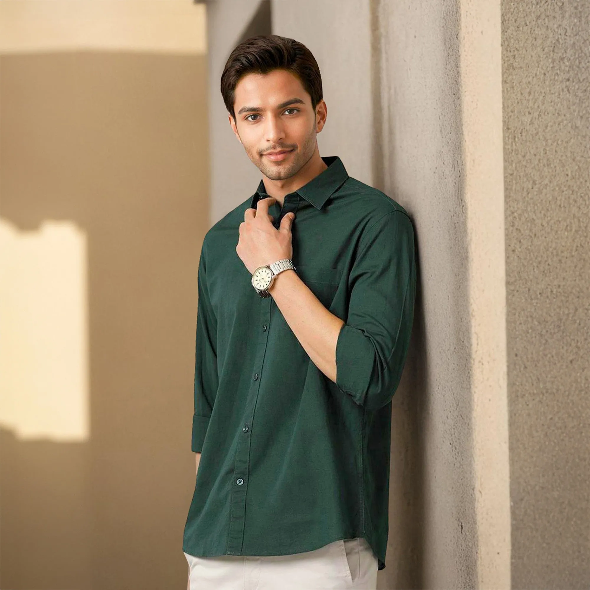 Green Solid Linen Cotton Shirt for Men