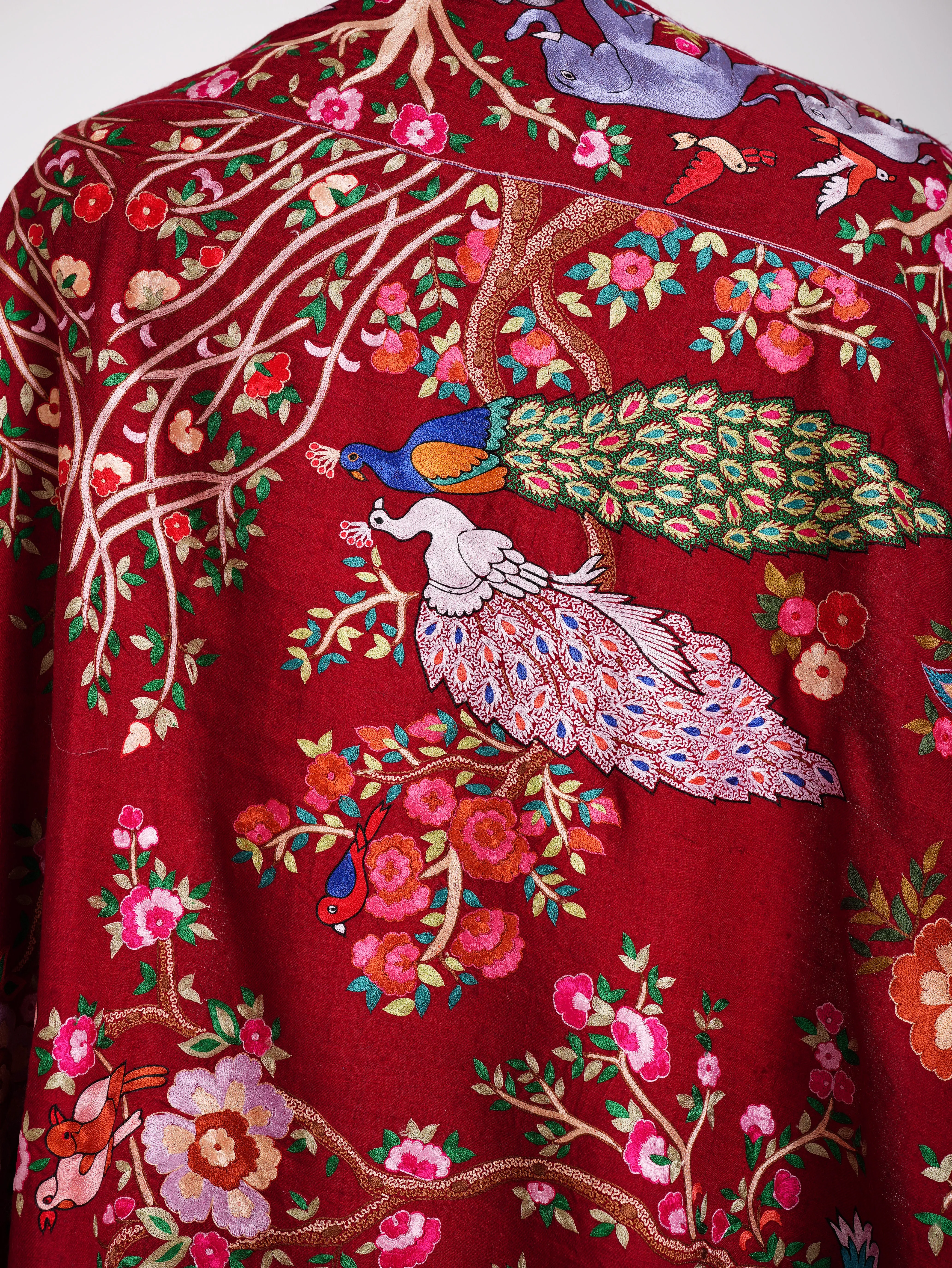 Hand Embroidered Red Jamavar Peacock Pashmina Shawl