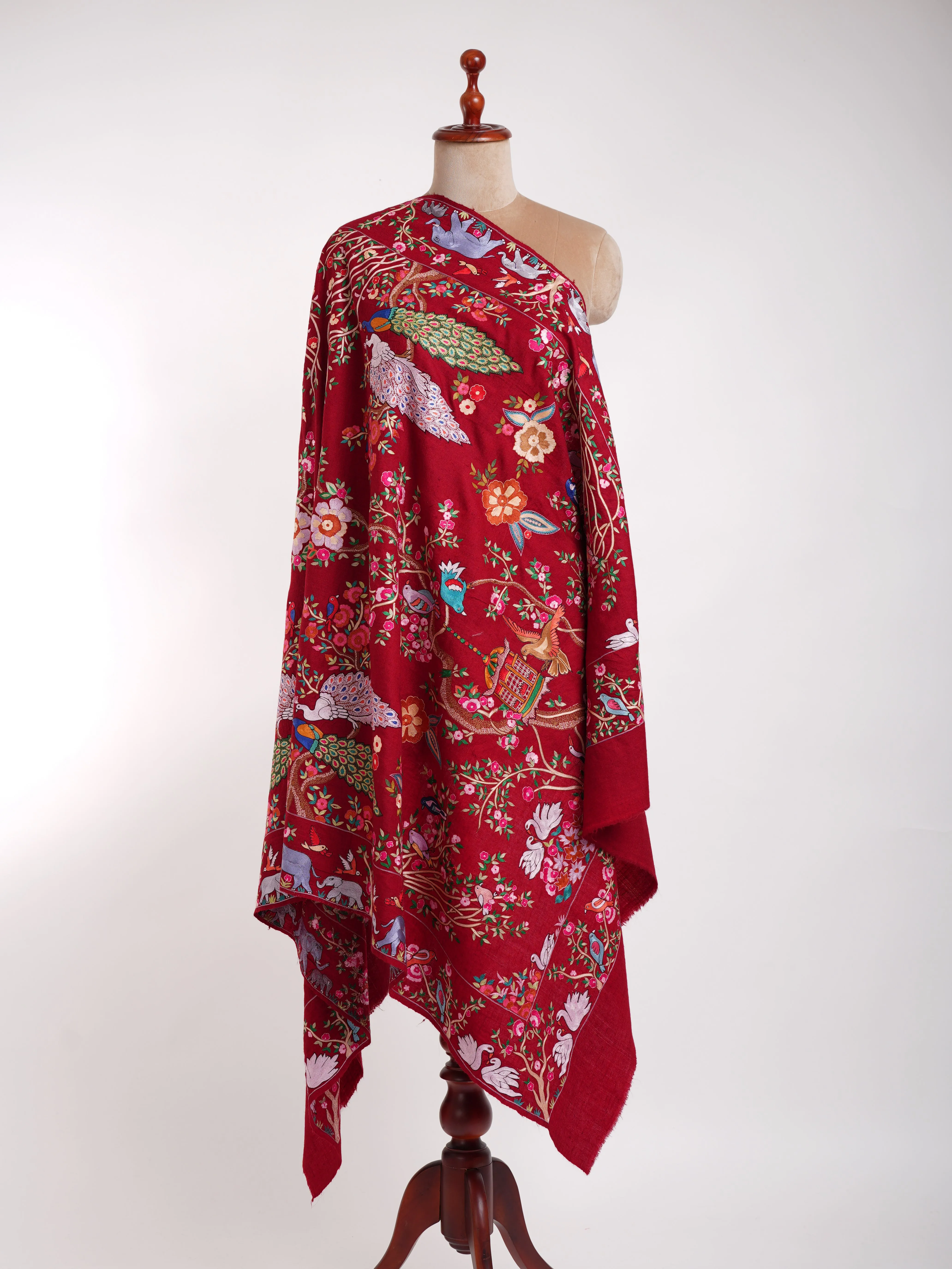 Hand Embroidered Red Jamavar Peacock Pashmina Shawl