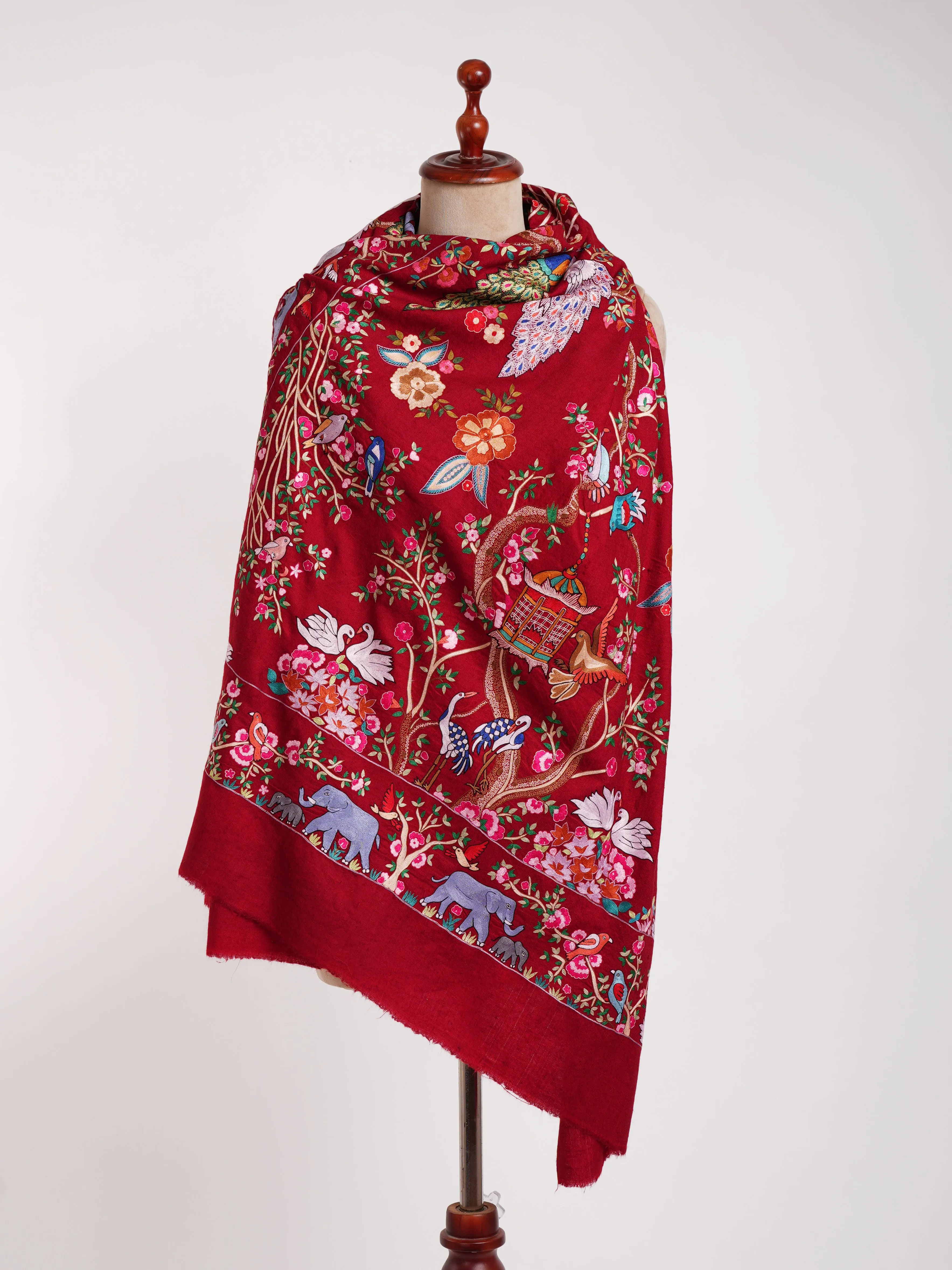 Hand Embroidered Red Jamavar Peacock Pashmina Shawl