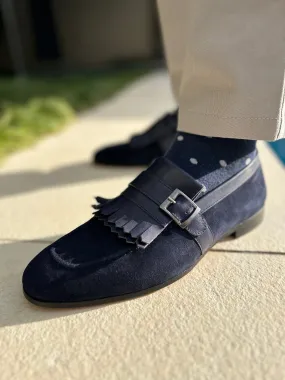 HANDMADE NAVY SUEDE SLIP-ON WITH STRAP & LEATHER DETAILING