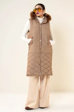 Hannah Neo Long Sleeveless Jacket with Fur hoodie Sand