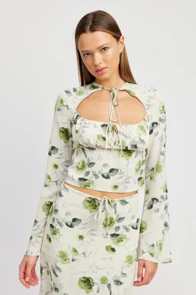 Hot Girl Green Ivy Floral Tie Neck Long Sleeve Blouse