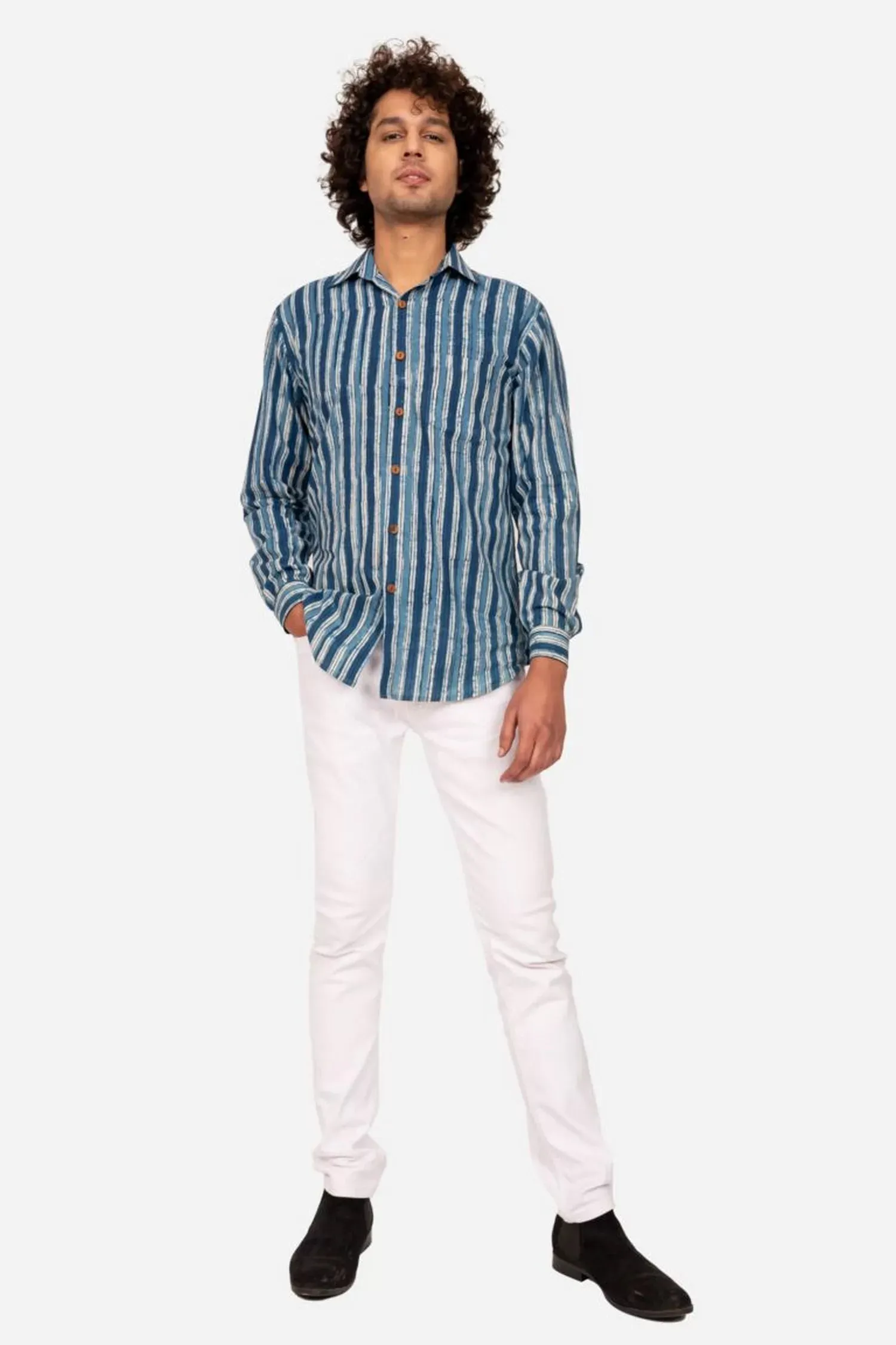 INDIGO DABOO BLOCK PRINTED COTTON SHIRT