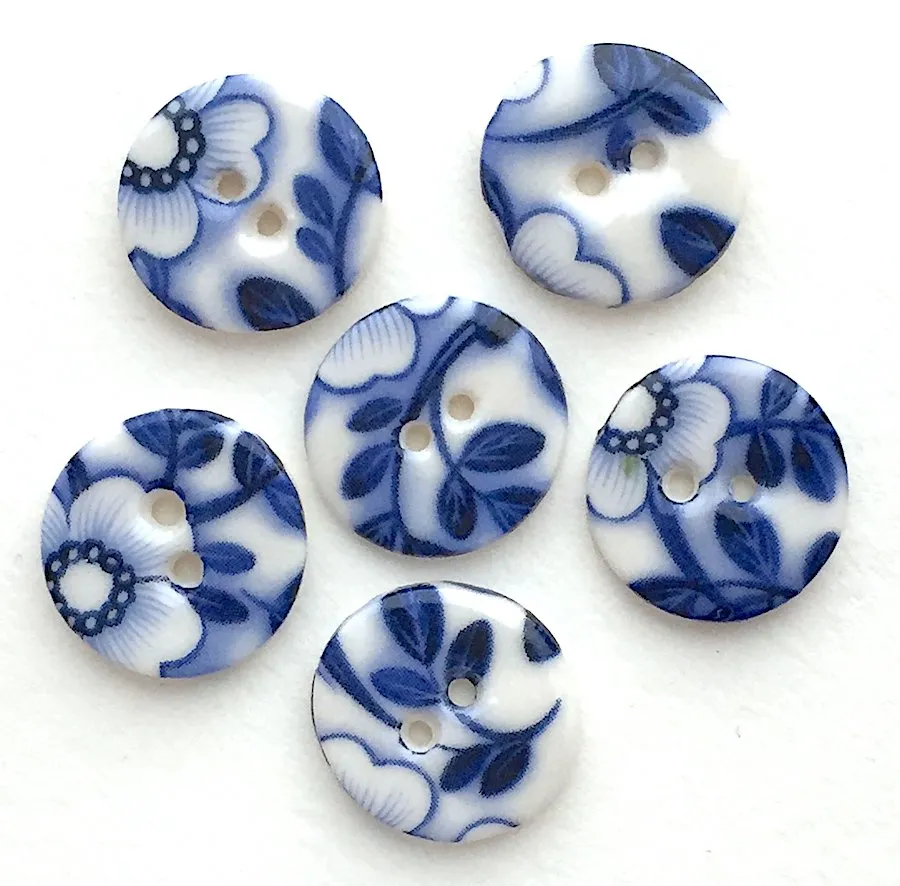 Indigo/White "Summer Night" Round Porcelain Button, 5/8", 7/8", 1-1/8" or 1-1/2"