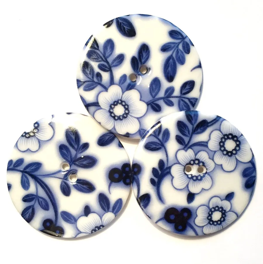 Indigo/White "Summer Night" Round Porcelain Button, 5/8", 7/8", 1-1/8" or 1-1/2"