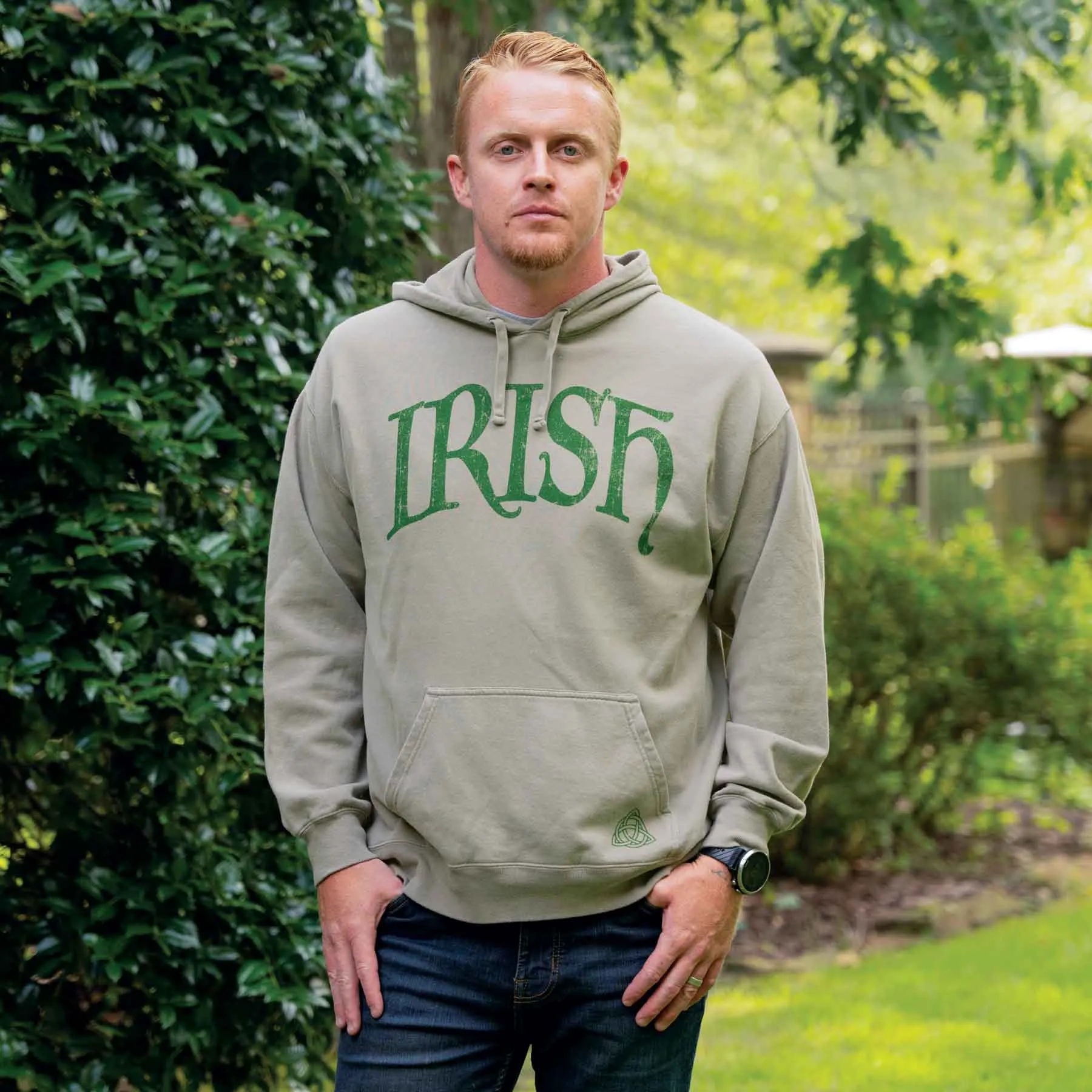 Irish Comfortwash Hoodie with Trinity on Pocket, Grey