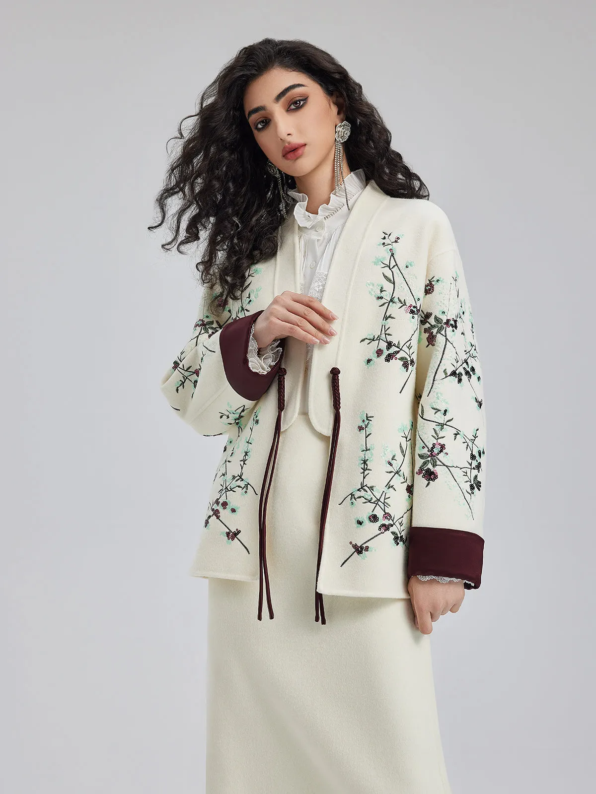 Italian Wool Embroidered Sequin Neo-Chinese Style Coat