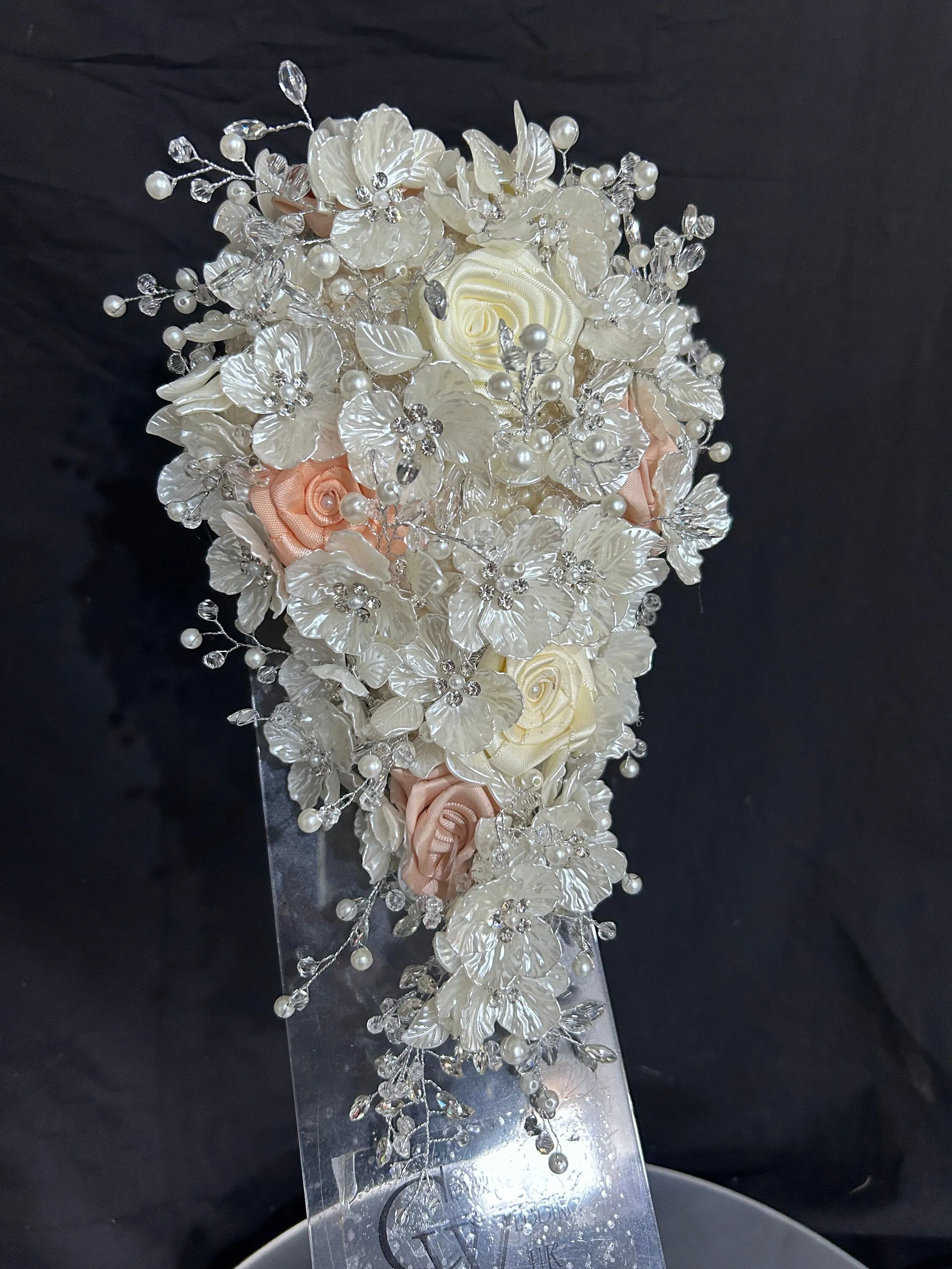 Ivory flower bouquet, rhinestone bridal flowers , any colour satin roses and pearls Luxury brides bouquet by Crystal Wedding UK