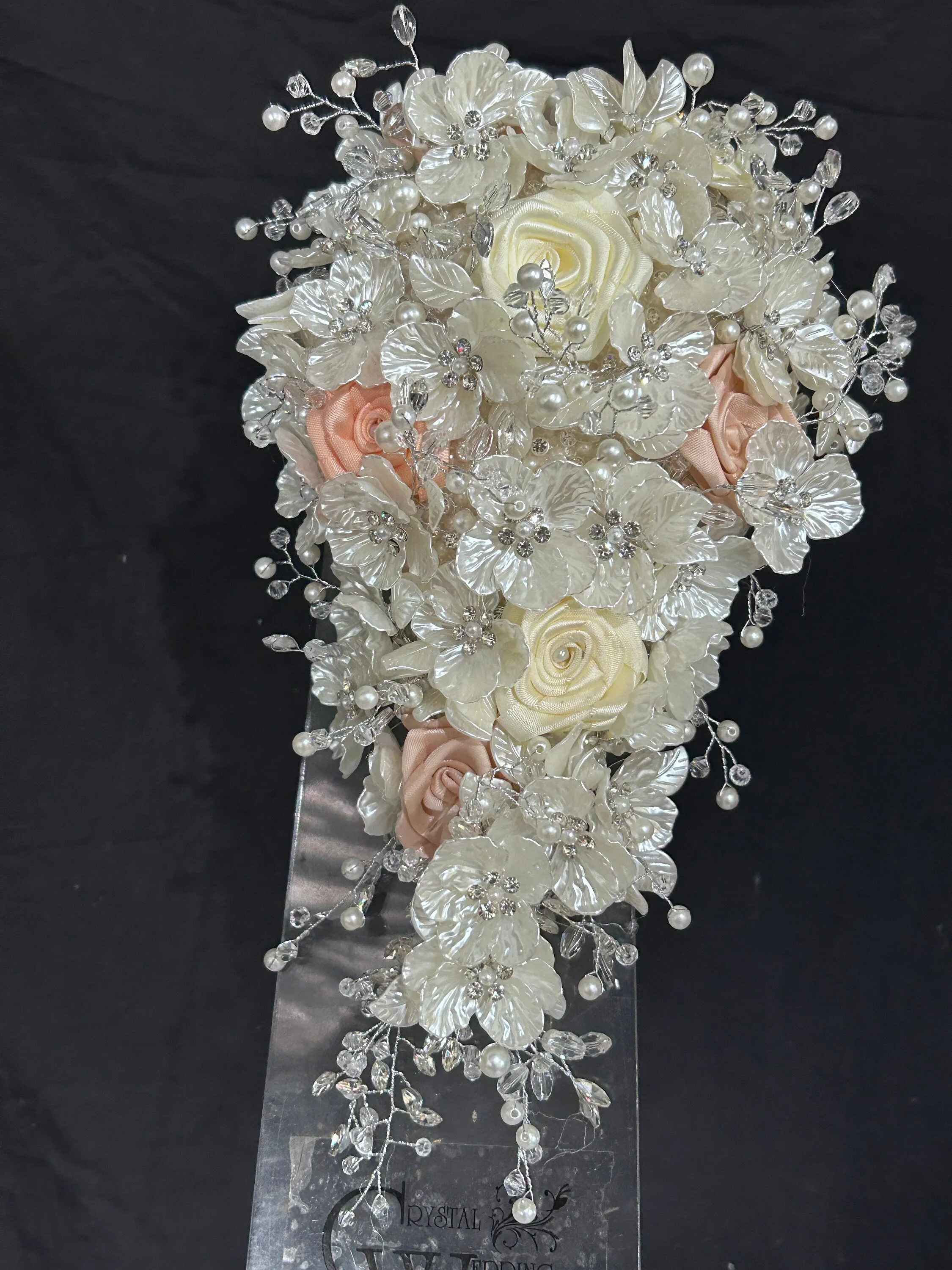 Ivory flower bouquet, rhinestone bridal flowers , any colour satin roses and pearls Luxury brides bouquet by Crystal Wedding UK