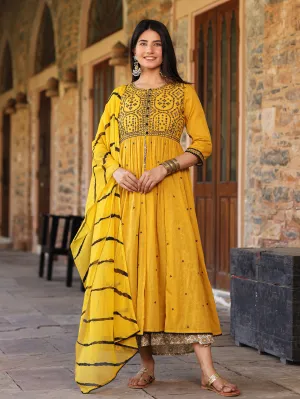 Juniper Mustard & Black Cotton  Embroidered Anarkali Dress With Jacket & Tie-Dye Dupatta