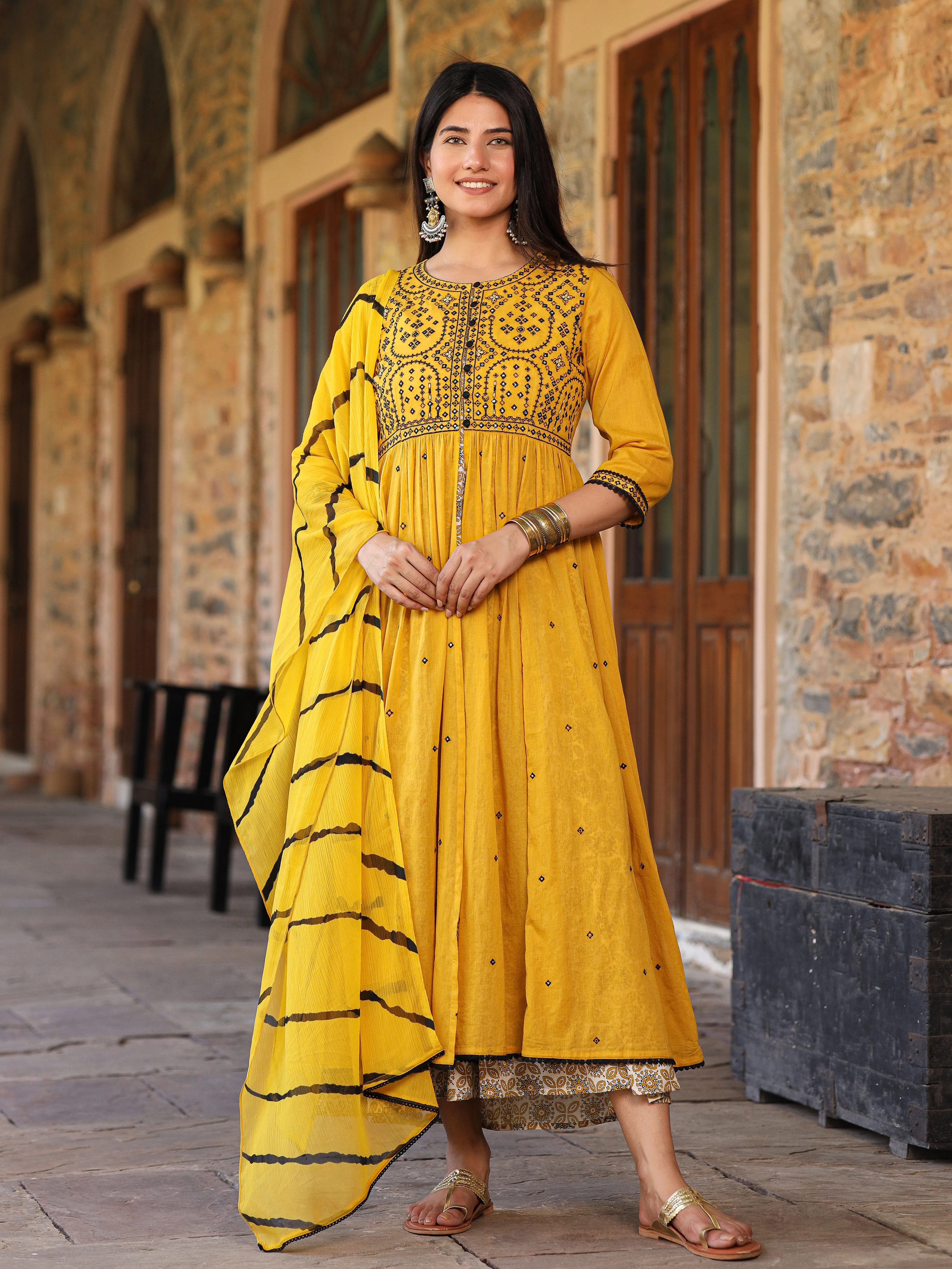 Juniper Mustard & Black Cotton  Embroidered Anarkali Dress With Jacket & Tie-Dye Dupatta