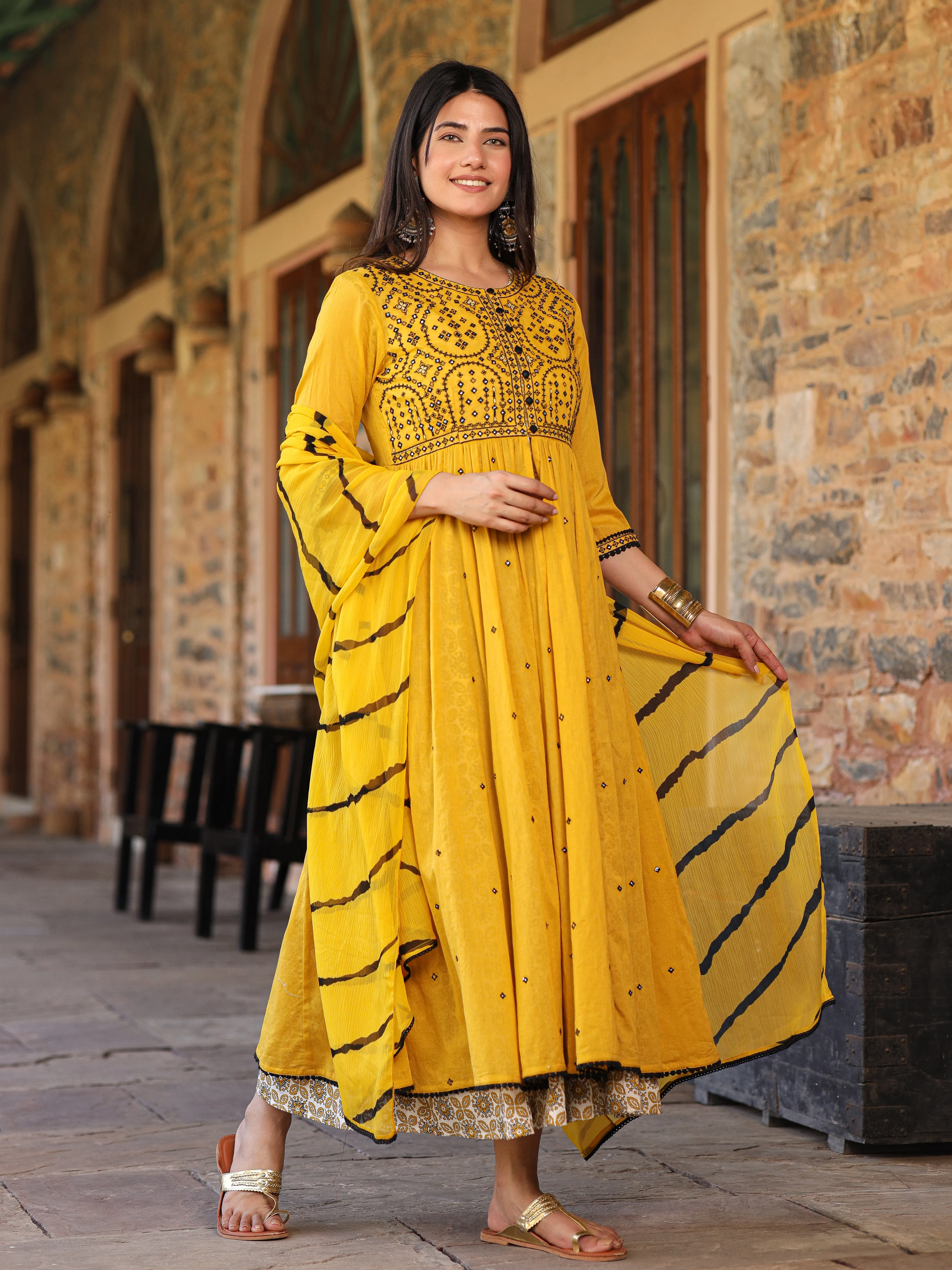 Juniper Mustard & Black Cotton  Embroidered Anarkali Dress With Jacket & Tie-Dye Dupatta