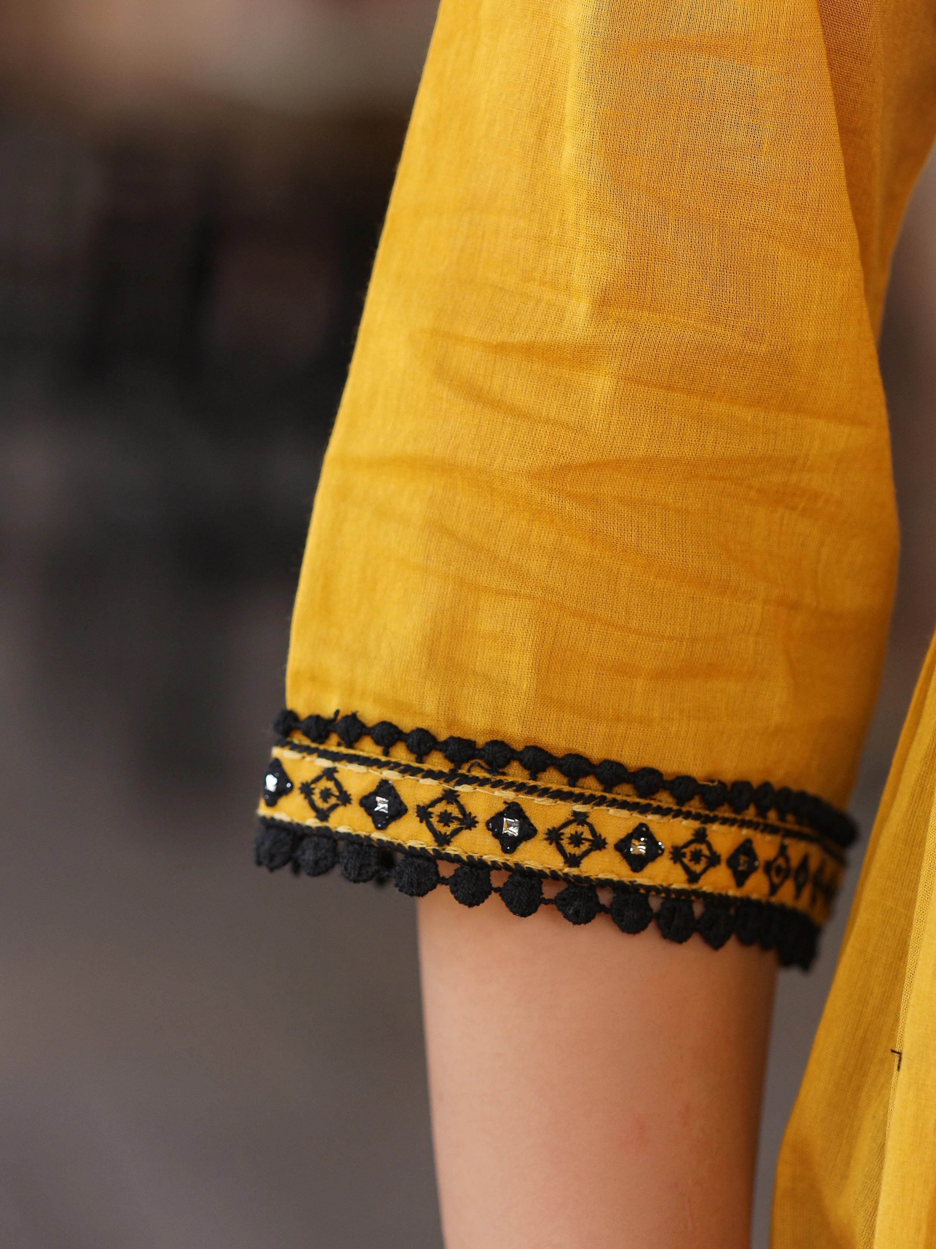 Juniper Mustard & Black Cotton  Embroidered Anarkali Dress With Jacket & Tie-Dye Dupatta