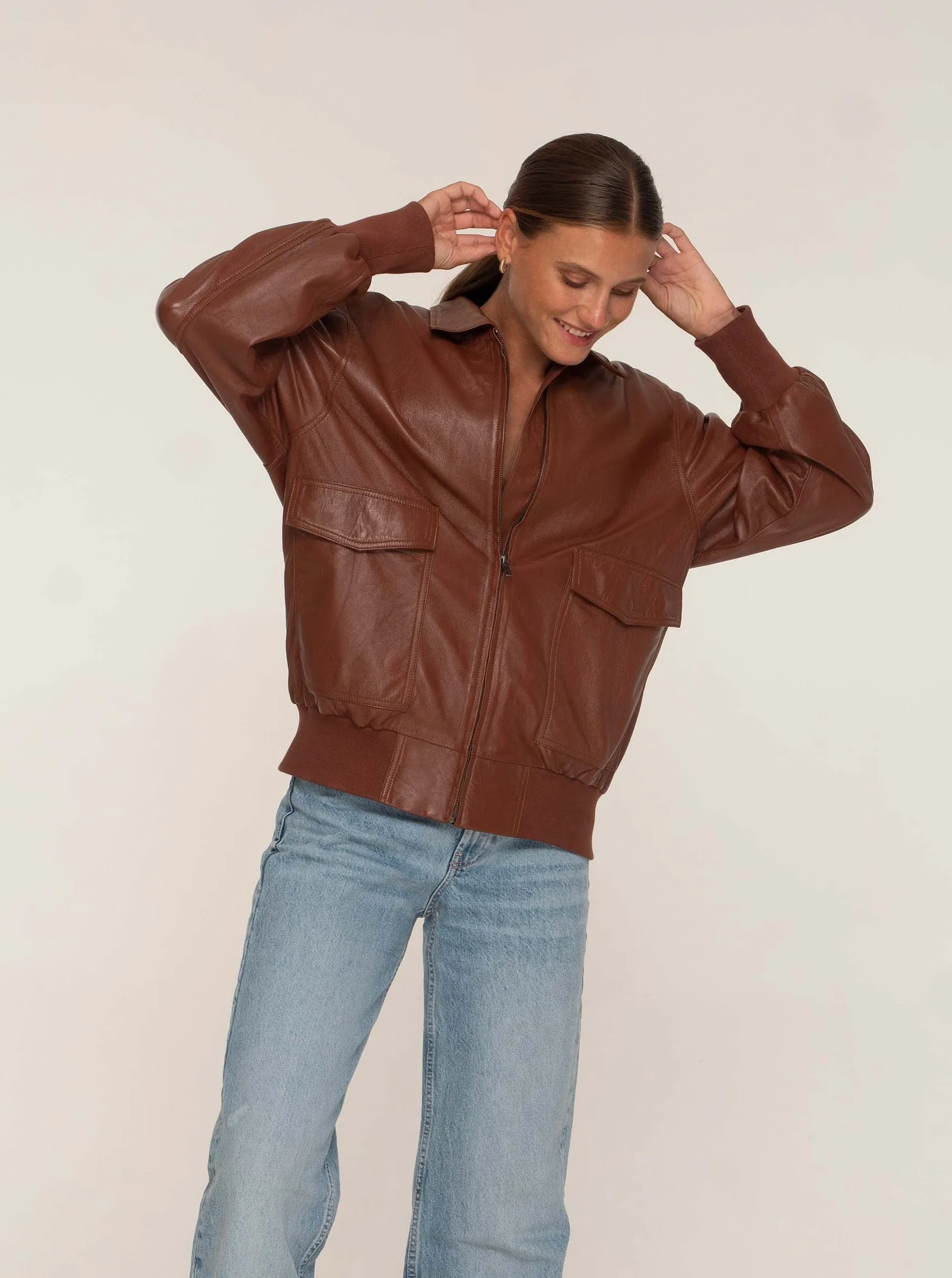 KENNEDY LEATHER AVIATOR JACKET - WHISKEY