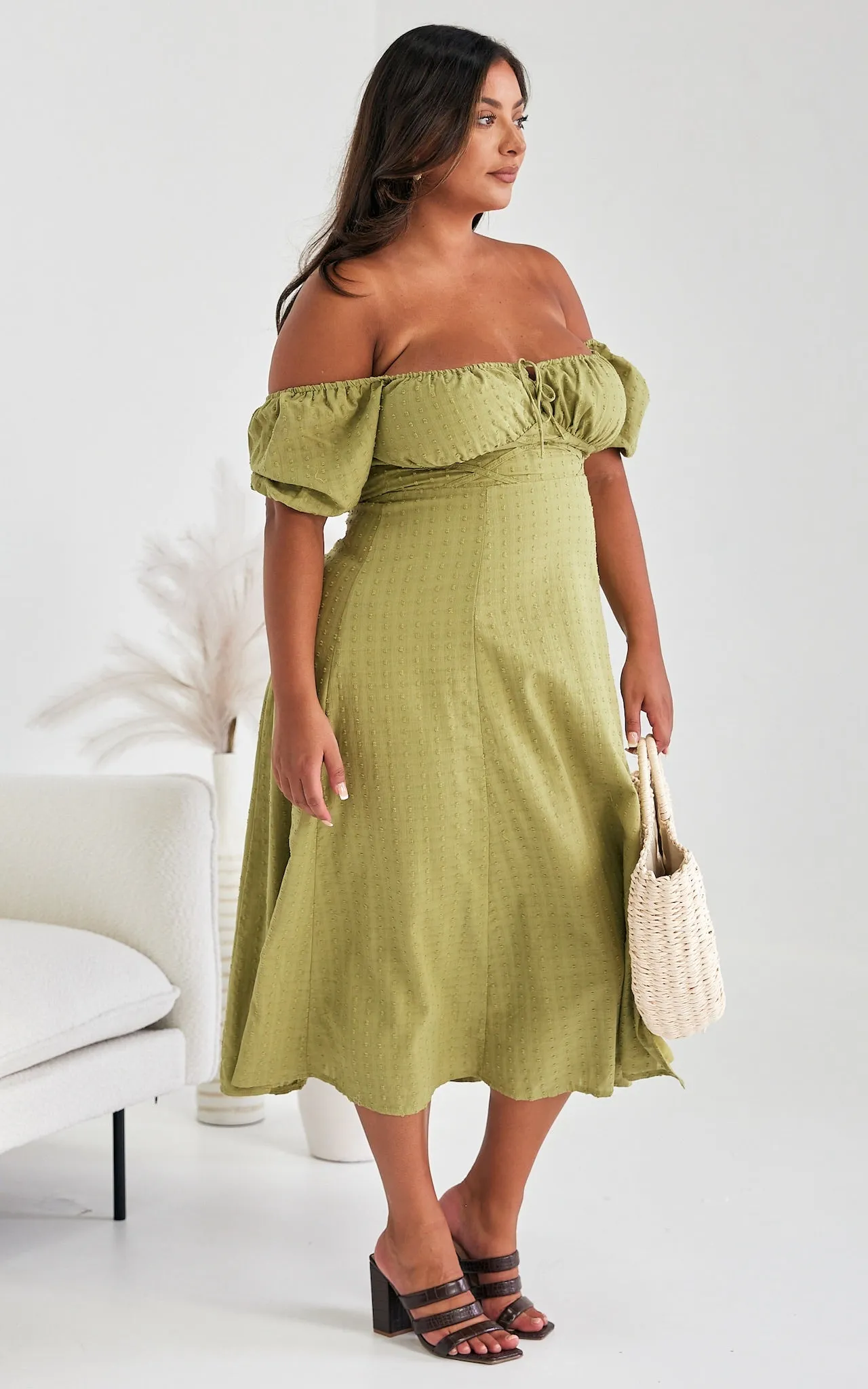 Kiaya Midi Dress - Olive Green Texture