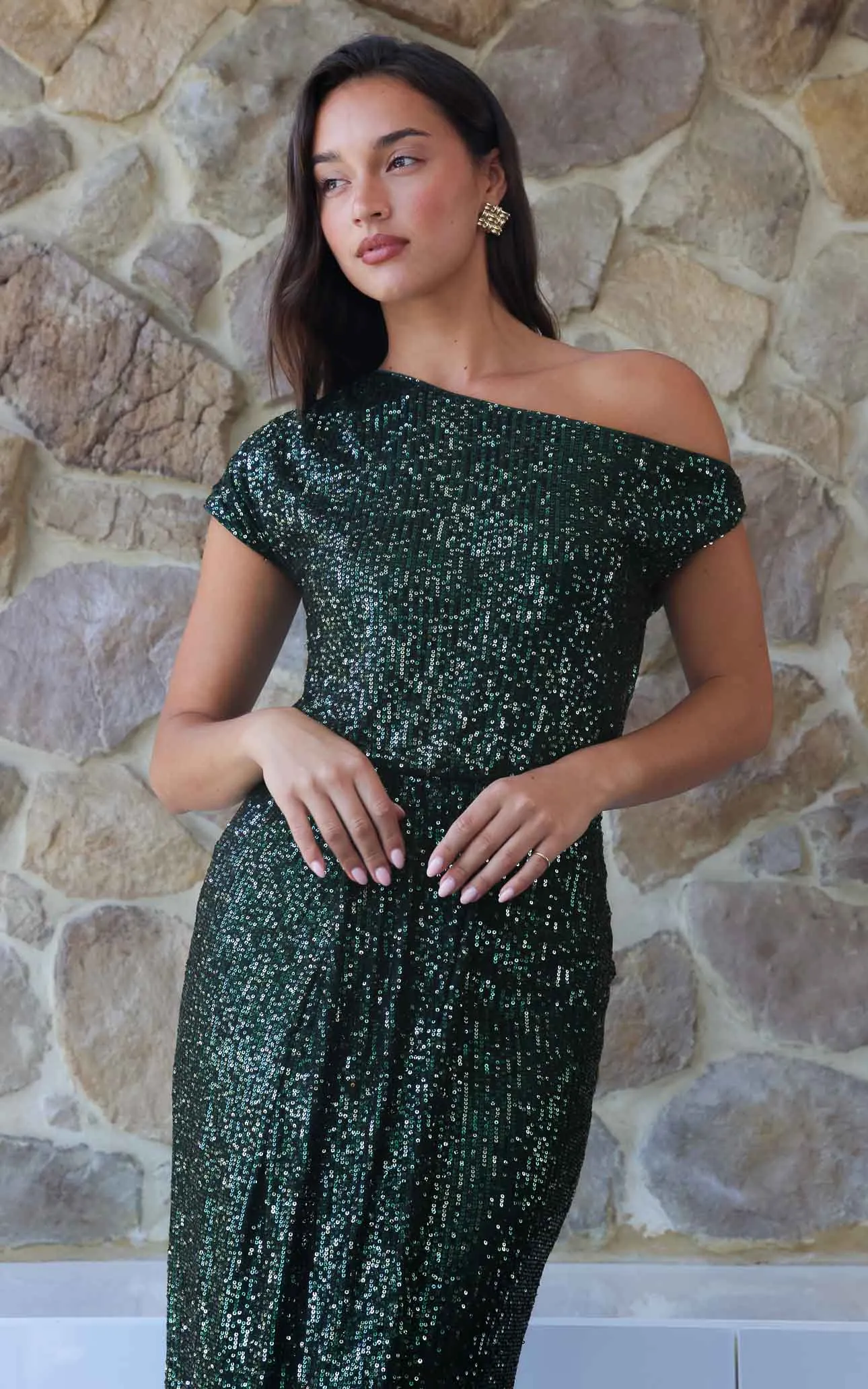 Krista Sequin Midi Dress - Emerald Silver