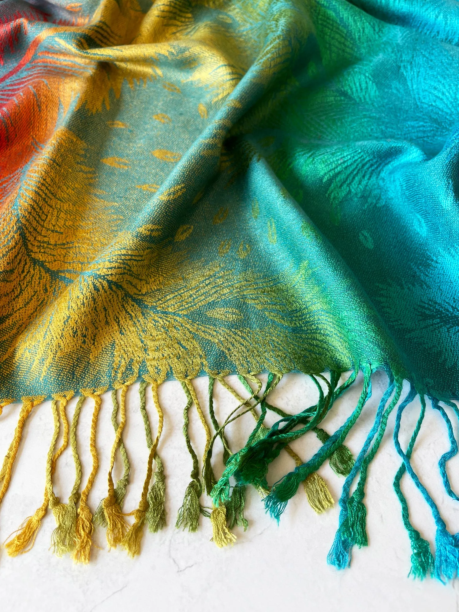 LARGE EMERALD RAINBOW FEATHER AND LEAF PRINT PASHMINA SHAWL SCARF