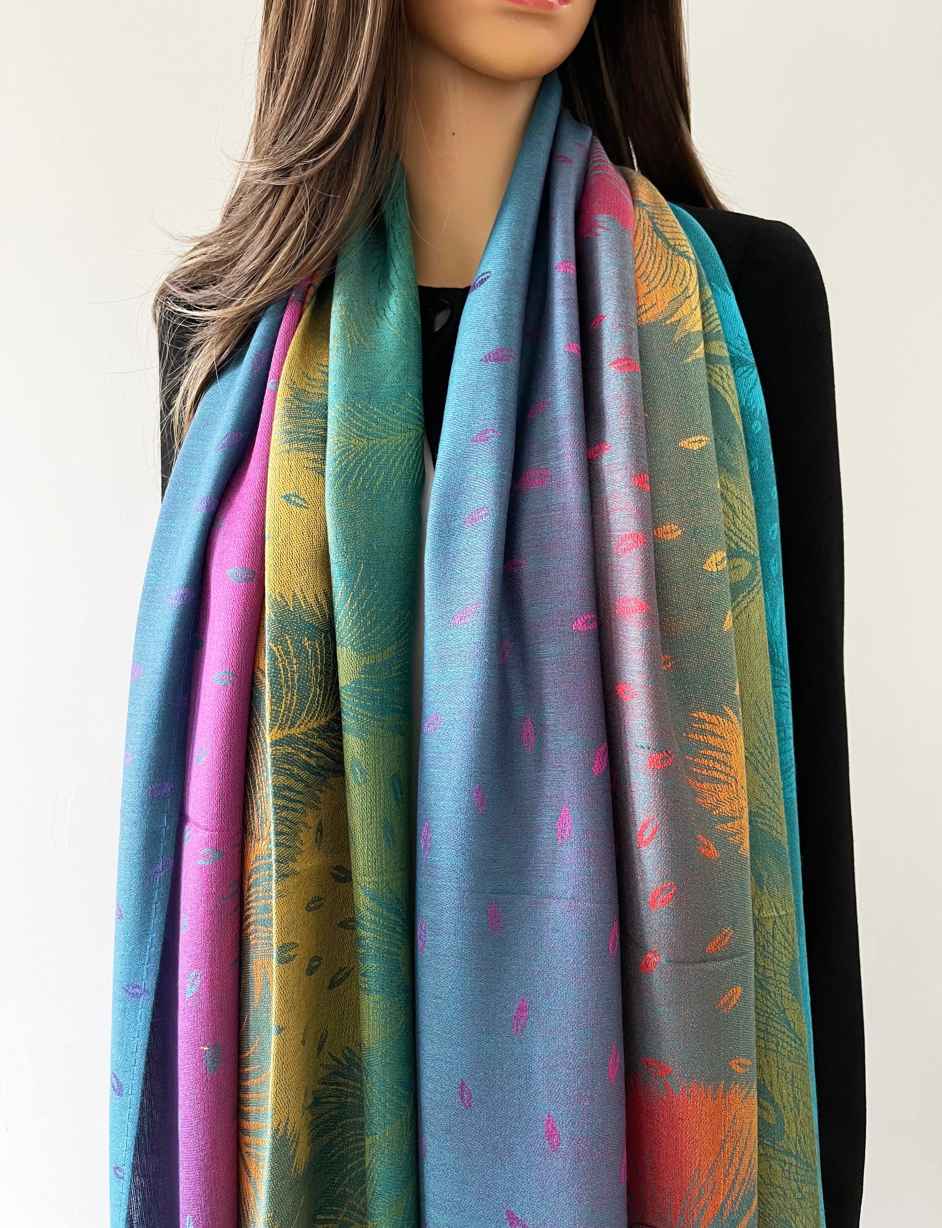 LARGE EMERALD RAINBOW FEATHER AND LEAF PRINT PASHMINA SHAWL SCARF