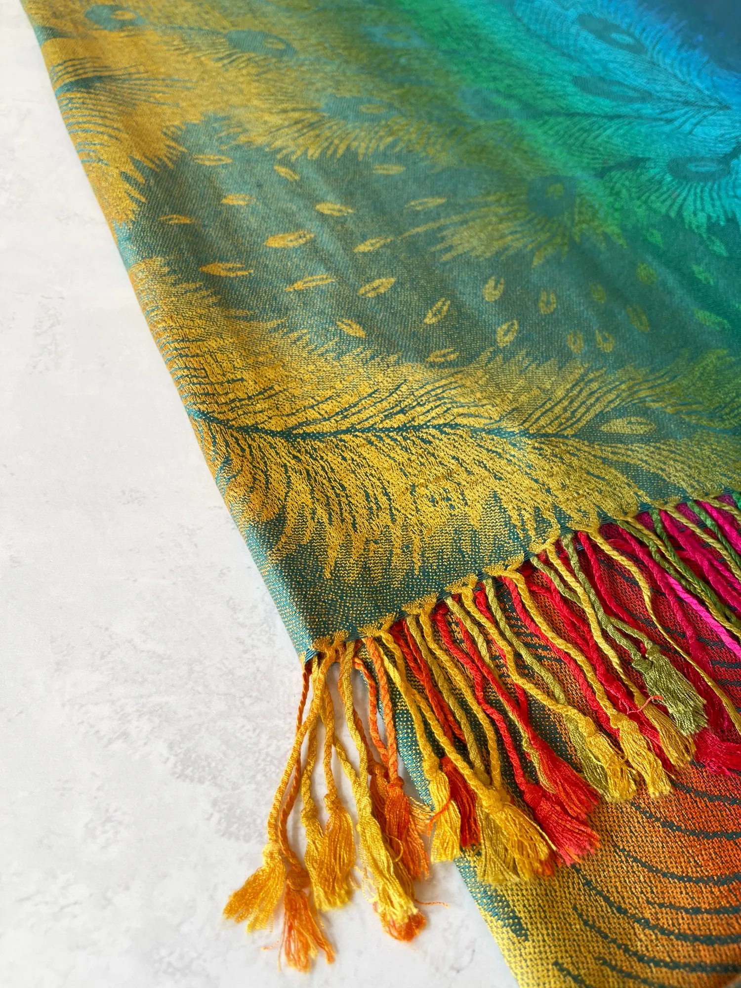 LARGE EMERALD RAINBOW FEATHER AND LEAF PRINT PASHMINA SHAWL SCARF