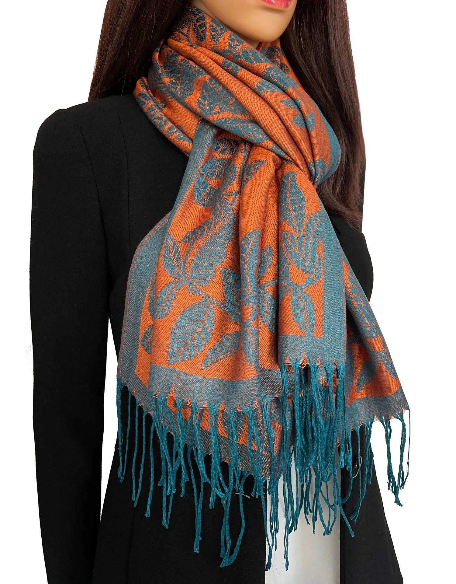 LARGE ORANGE TEAL LEAF PRINT REVERSIBLE PASHMINA SHAWL SCARF