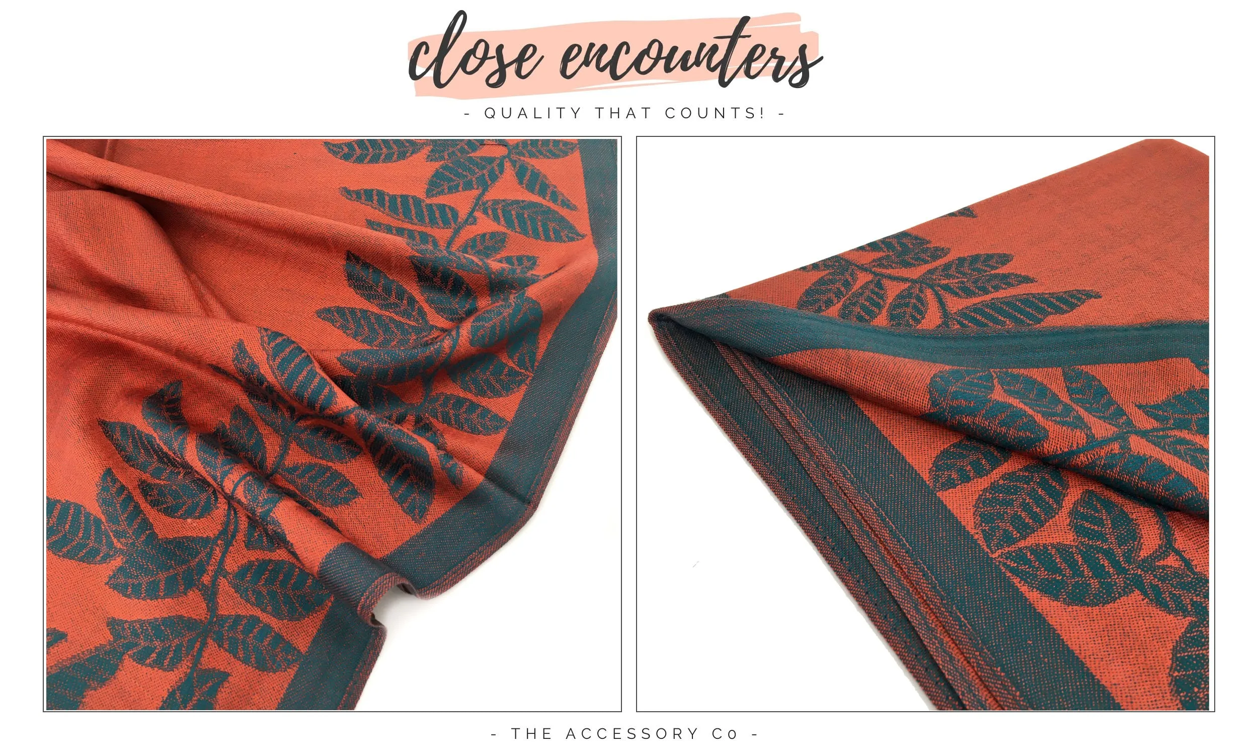 LARGE ORANGE TEAL LEAF PRINT REVERSIBLE PASHMINA SHAWL SCARF