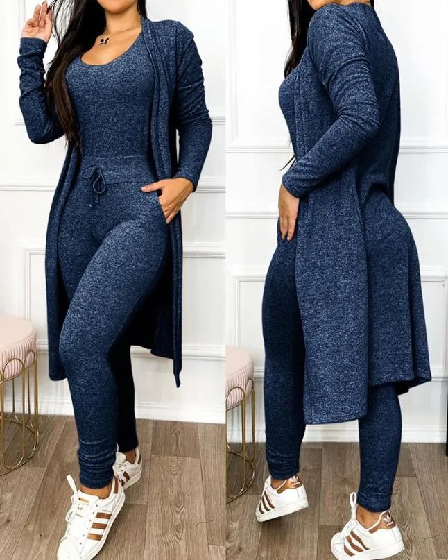 Light Blue 2 Piece Duster & Drawstring Catsuit Jumpsuit Set