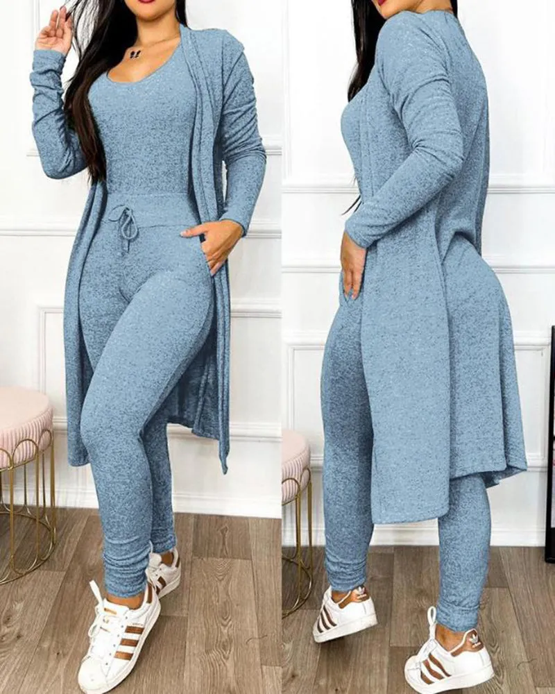 Light Blue 2 Piece Duster & Drawstring Catsuit Jumpsuit Set